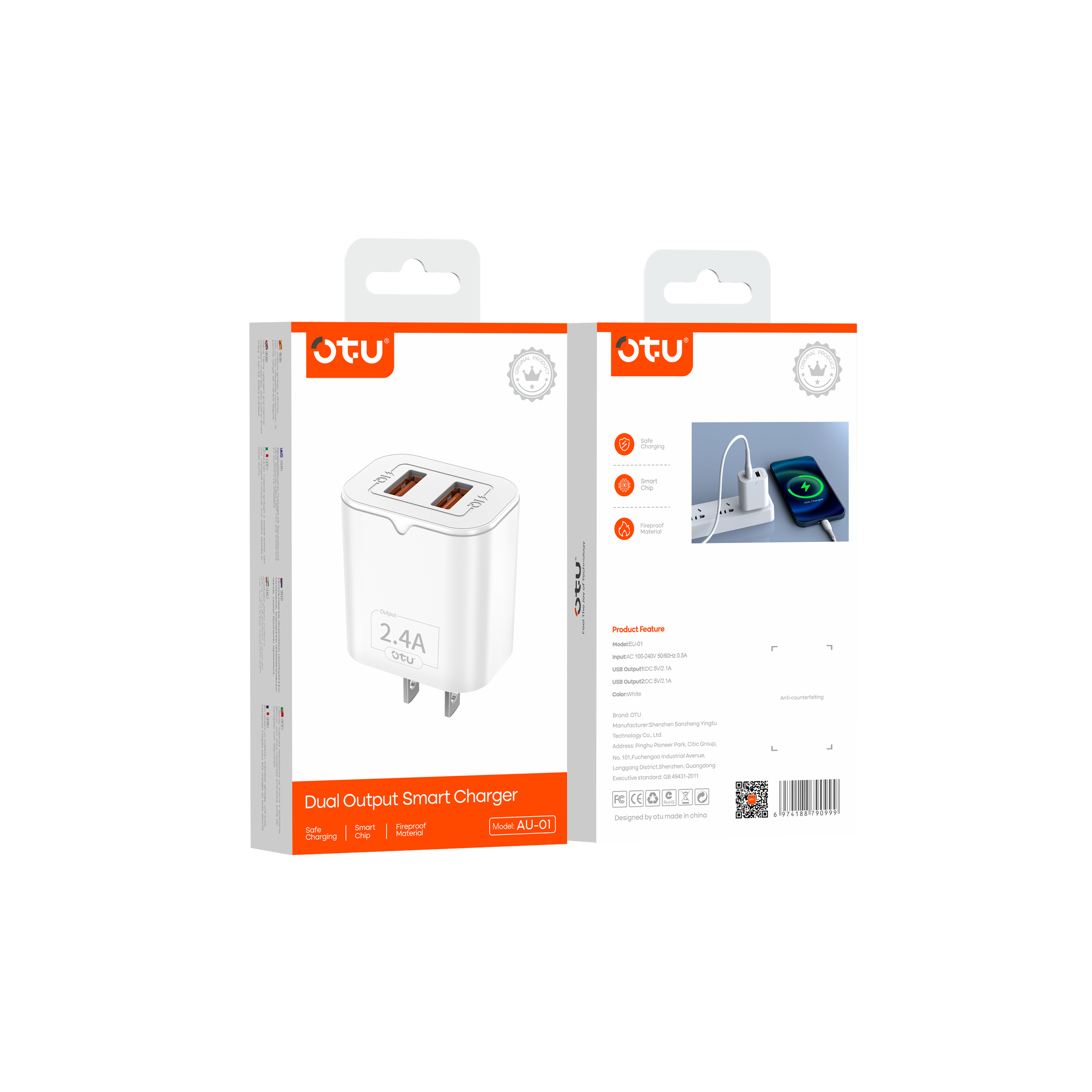 OTU AU01 2.4A Dual Port Smart Fast Charger β Quick Charge with Safety Protection for iPhone & Android Devices