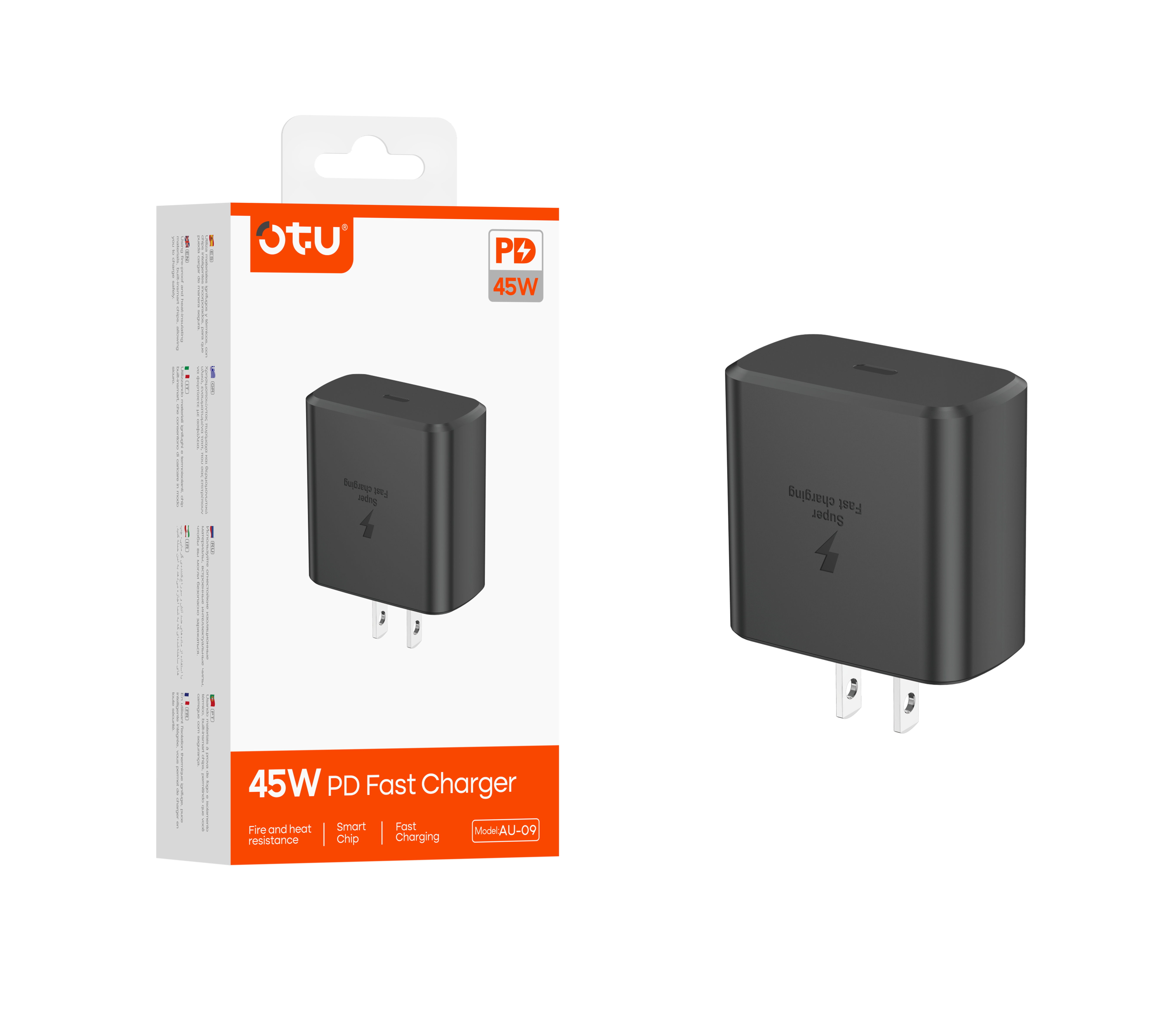 OTU AU09 45W PD Fast Charger Wall Plug - USB-C Power Adapter Block for iPhone 15/14/13, Samsung Galaxy, iPad, Huawei, Xiaomi & More | Super Fast Charging with TPE Cable Included