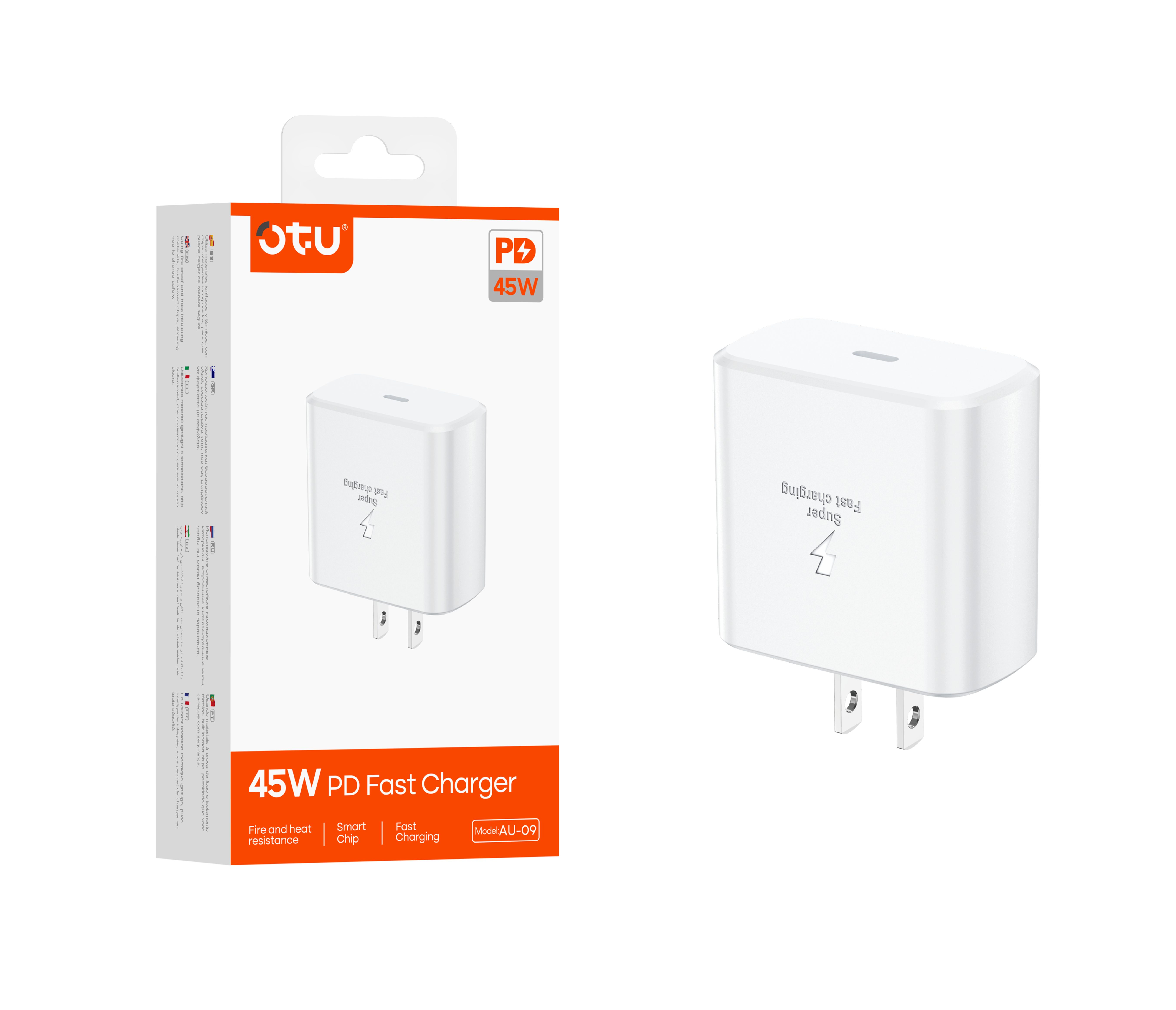 OTU AU09 45W PD Fast Charger Wall Plug - USB-C Power Adapter Block for iPhone 15/14/13, Samsung Galaxy, iPad, Huawei, Xiaomi & More | Super Fast Charging with TPE Cable Included