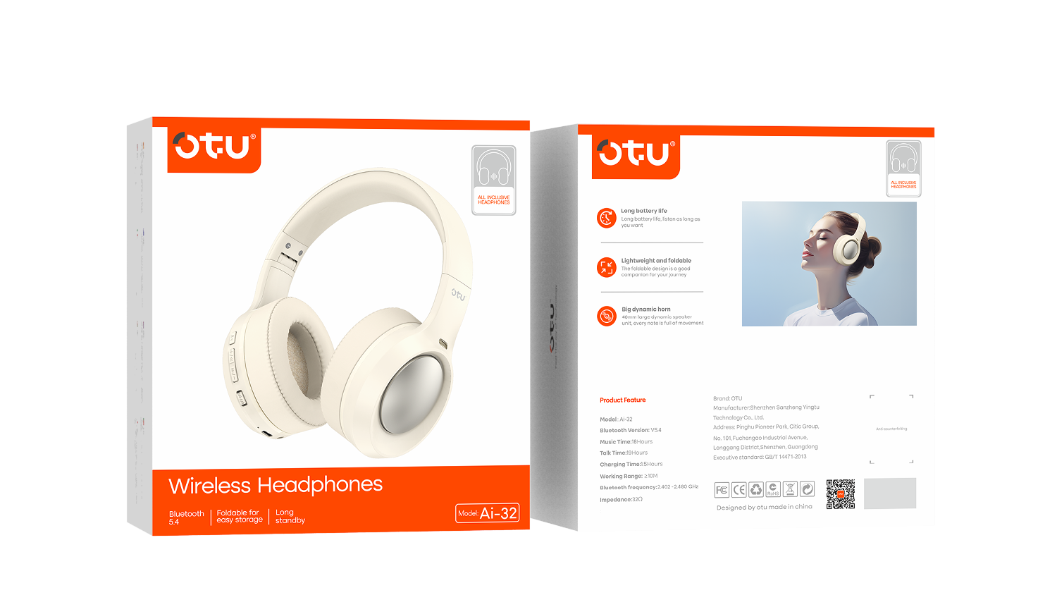 OTU Ai-32 Bluetooth Headphones - 30H Playtime, ENC Noise Cancelling, Foldable, Hi-Fi Sound, Bluetooth 5.4