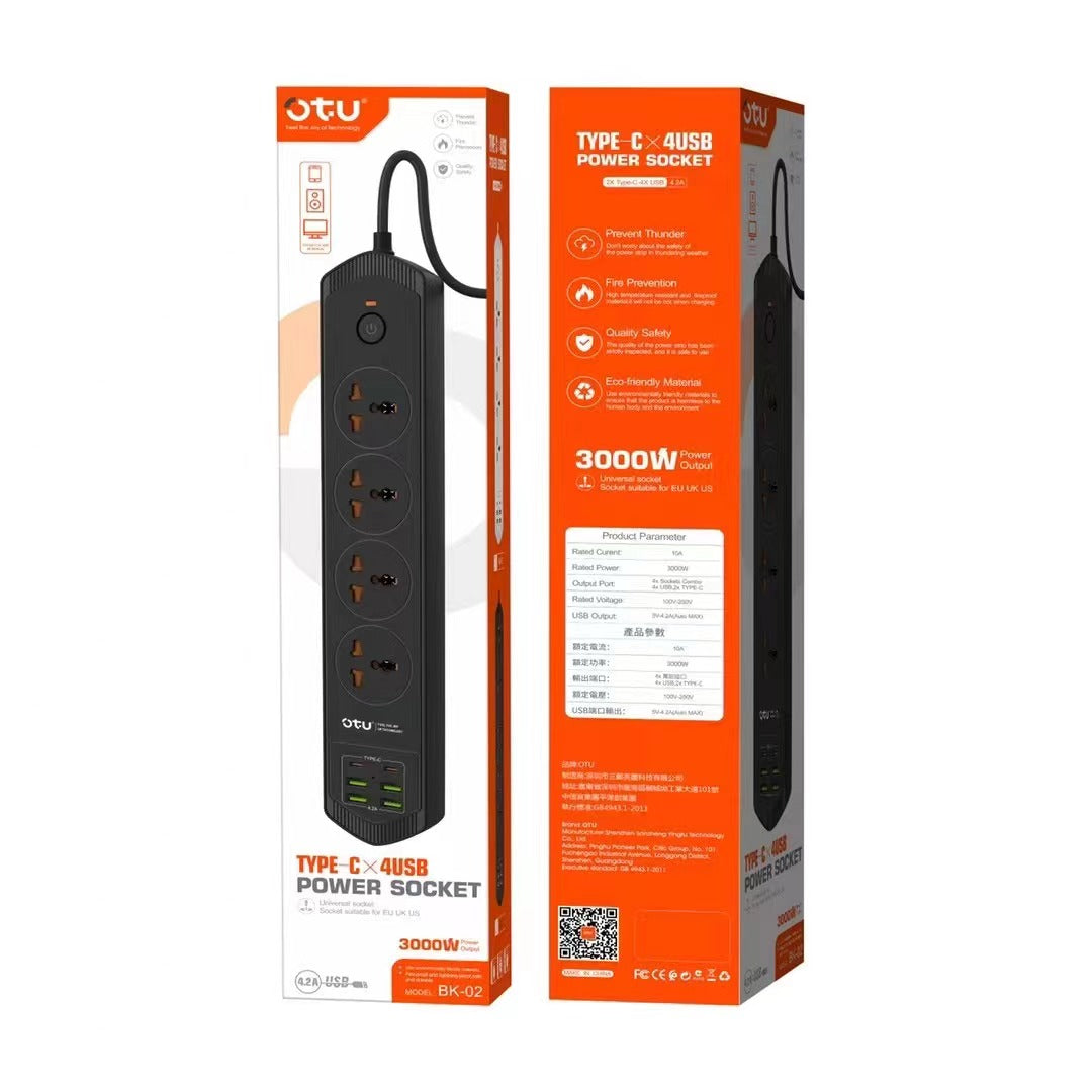 OTU BK02 3000W Power Strip with 2 USB-C PD Ports & 4 USB Ports, Universal International Outlet Travel Adapter