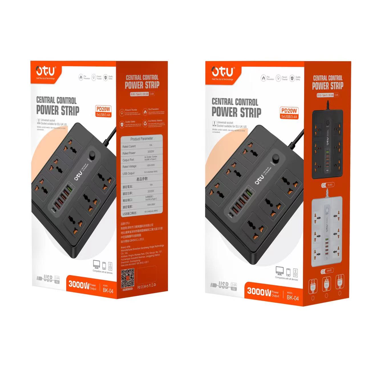 OTU BK04 Master Control Power Strip with 20W PD USB-C, Universal Outlets, Wide Spacing, 3000W for Desktop
