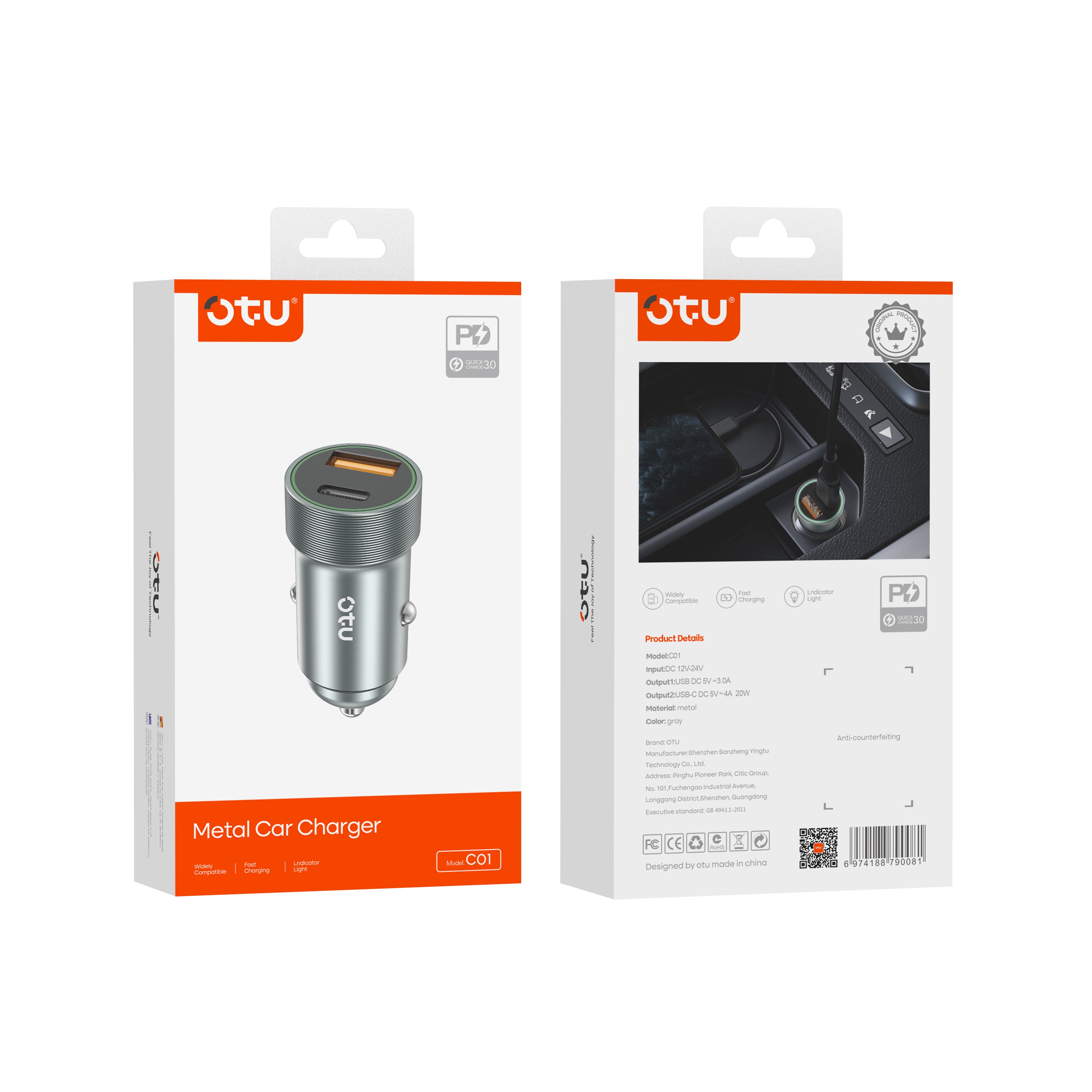 OTU C01 Metal Car Charger with QC3.0 & PD 20W Fast Charging – Safe and Durable Alloy Design