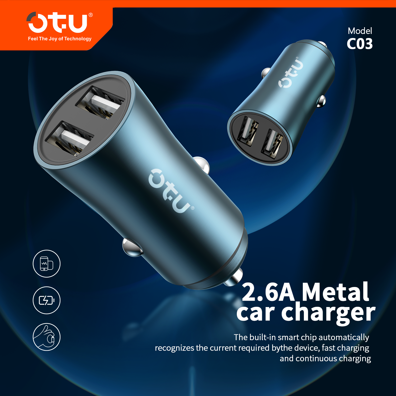 OTU C03 Dual USB Metal Car Charger with Smart Chip – Compact 12V-24V Fast Charger for Cars, Trucks & SUVs