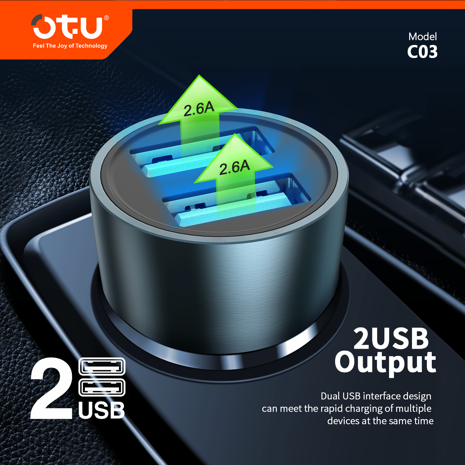 OTU C03 Dual USB Metal Car Charger with Smart Chip – Compact 12V-24V Fast Charger for Cars, Trucks & SUVs