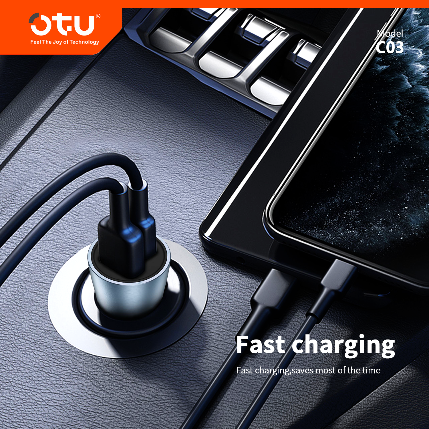 OTU C03 Dual USB Metal Car Charger with Smart Chip – Compact 12V-24V Fast Charger for Cars, Trucks & SUVs
