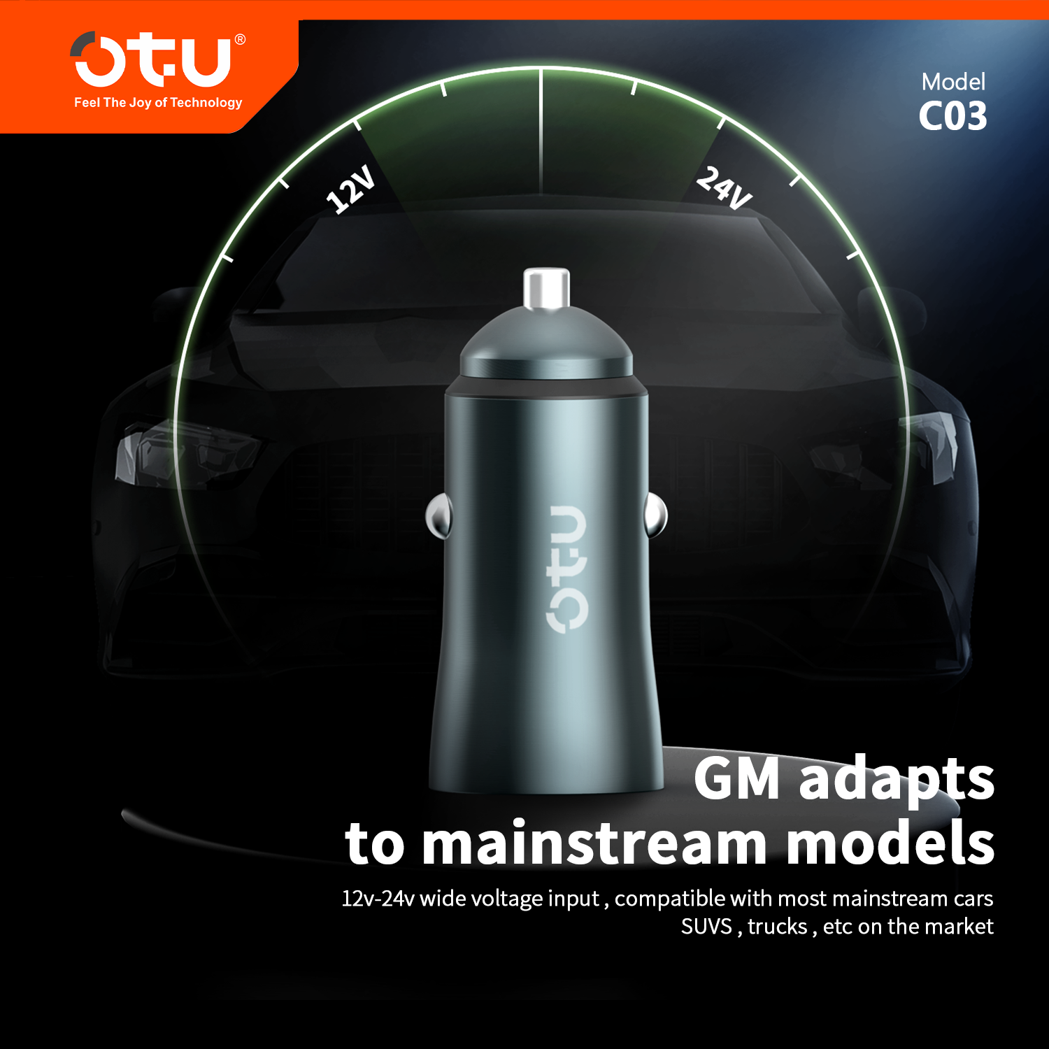 OTU C03 Dual USB Metal Car Charger with Smart Chip – Compact 12V-24V Fast Charger for Cars, Trucks & SUVs