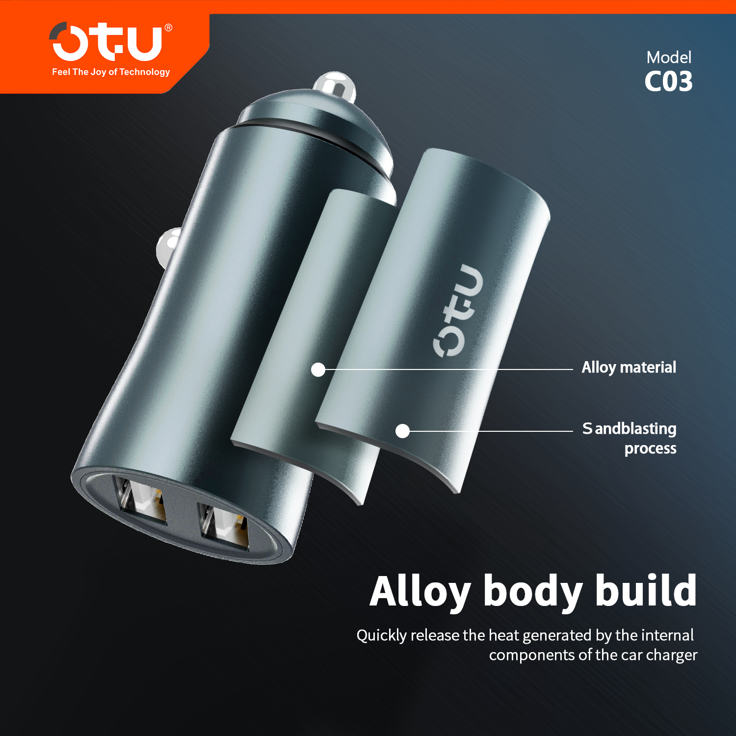 OTU C03 Dual USB Metal Car Charger with Smart Chip – Compact 12V-24V Fast Charger for Cars, Trucks & SUVs