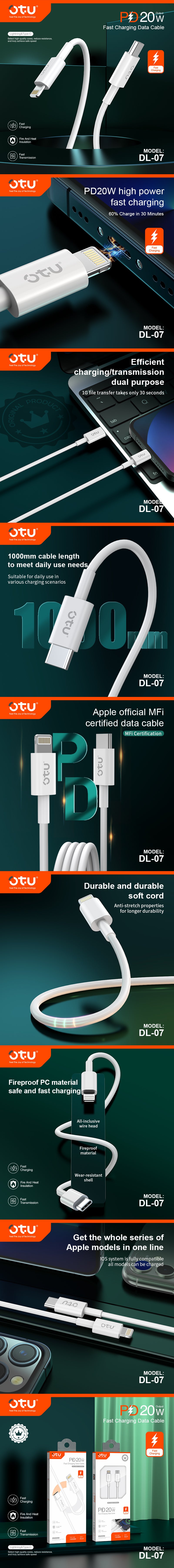 OTU DL07  Fast Charging Cable - 60% in 30 Mins, Durable & Fireproof for iPhone"