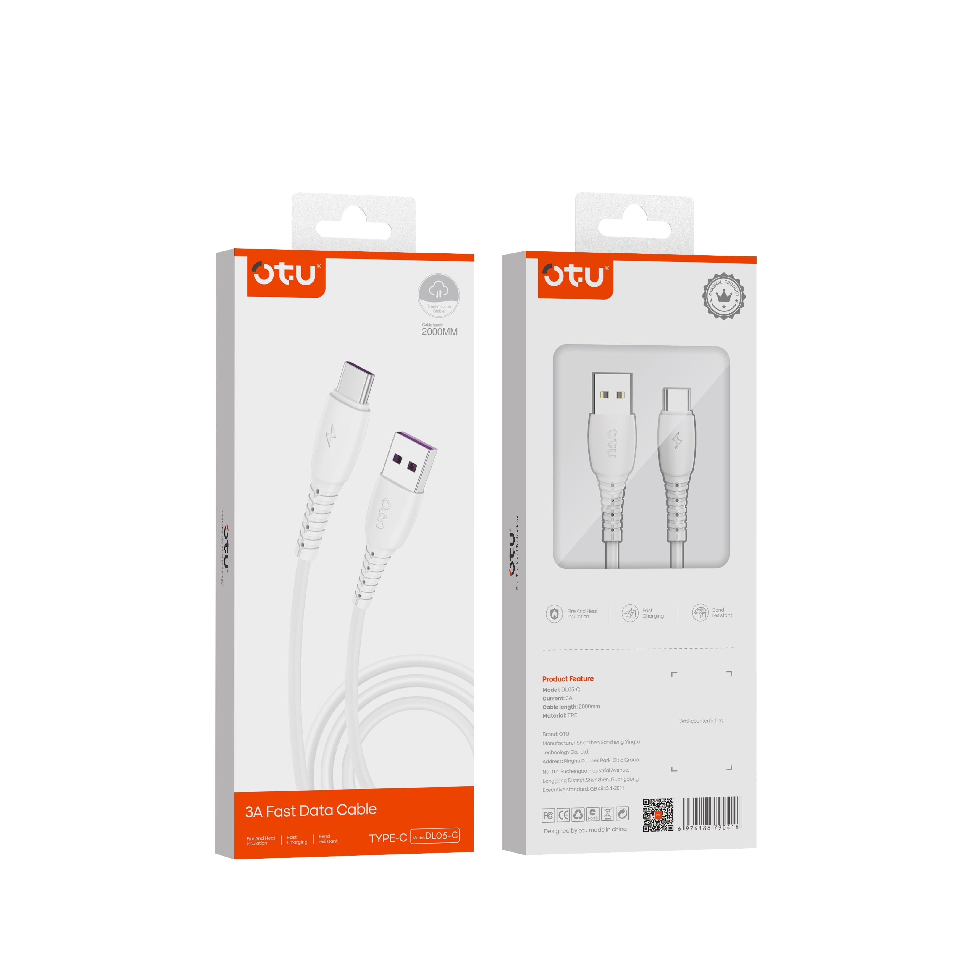 OTU DL05 3A Fast Charging Data Cable with 480Mbps High-Speed Transmission & Smart Chip - Durable White Braided Cable