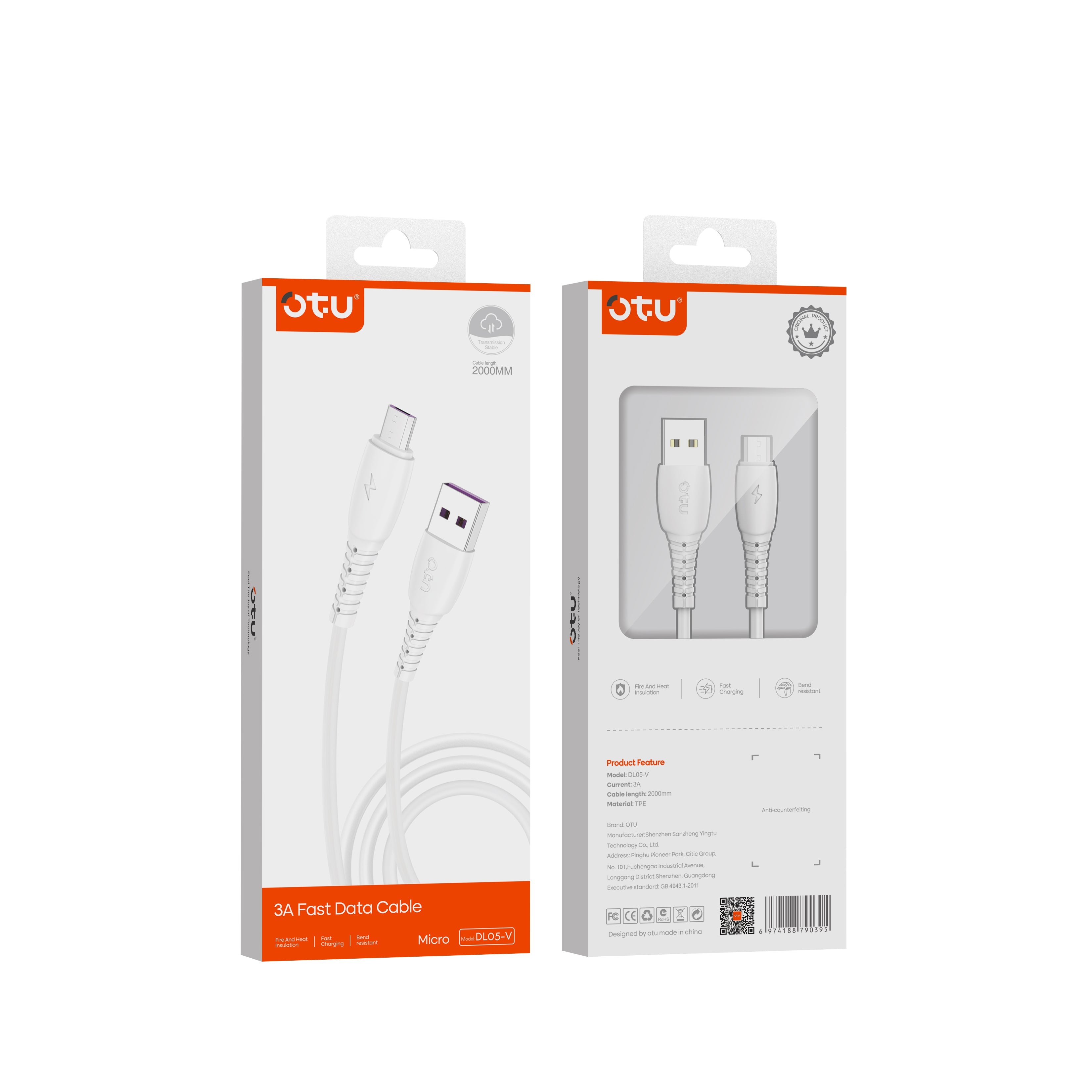OTU DL05 3A Fast Charging Data Cable with 480Mbps High-Speed Transmission & Smart Chip - Durable White Braided Cable