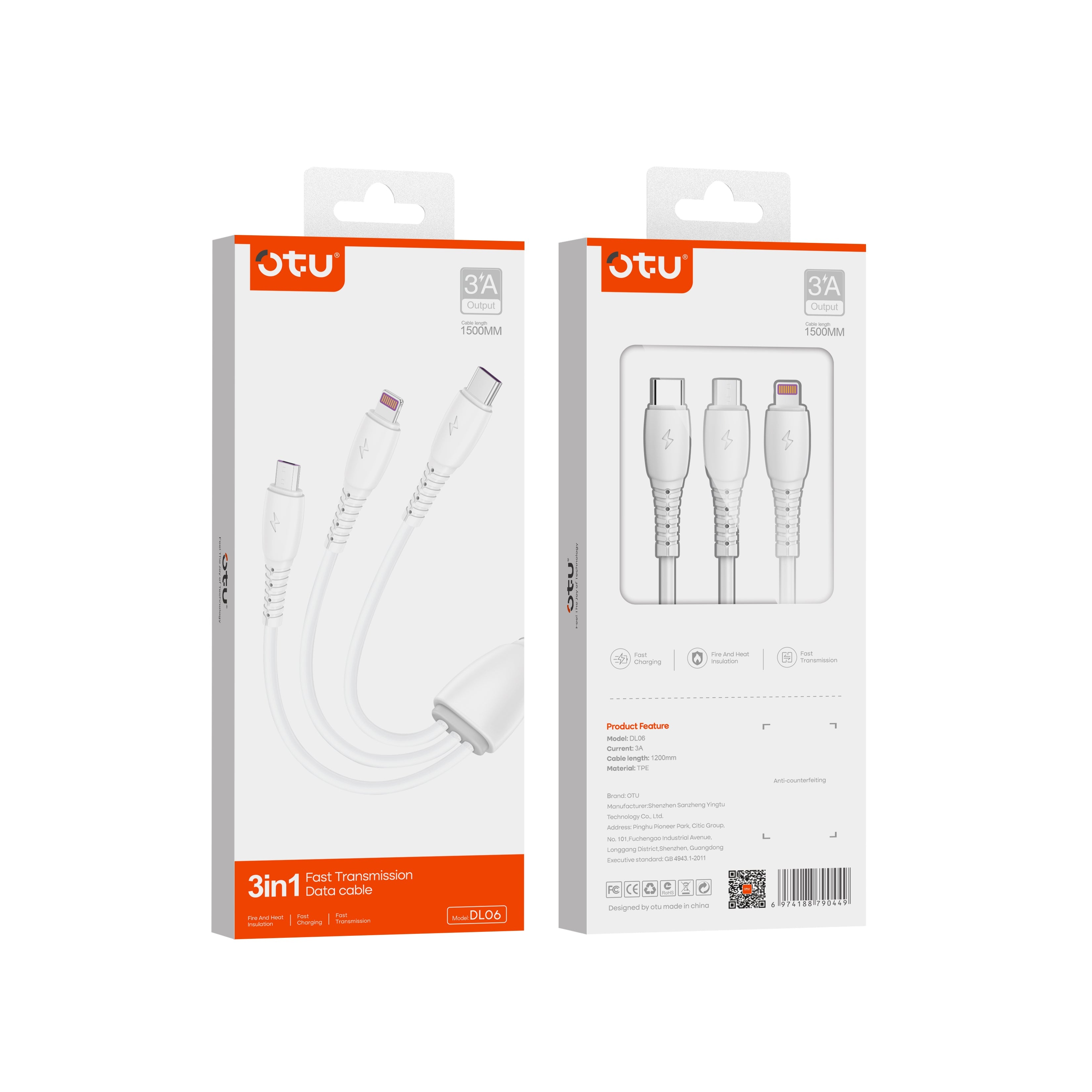 OTU DL06 3-in-1 Fast Charging Cable | Triple Head Simultaneous Charging for iPhone & Android | 3A Braided Multi Device Cable