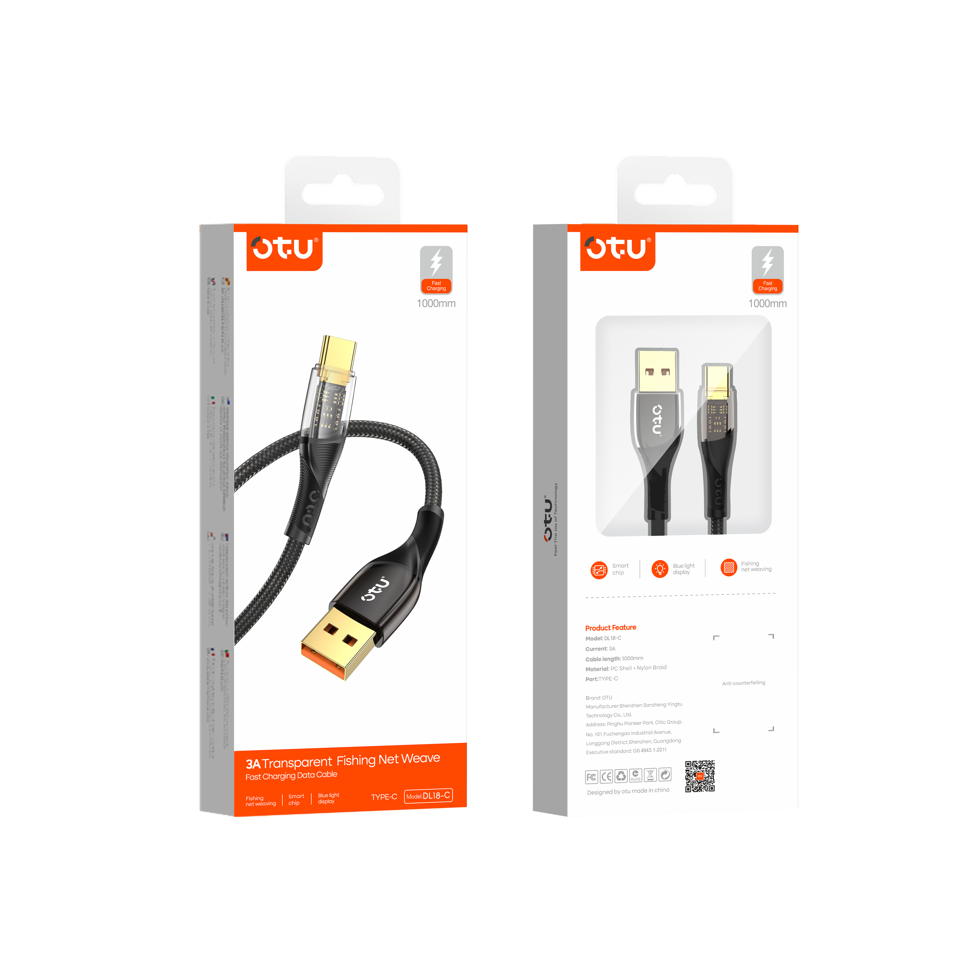 OTU DL18 3A Fast Charging Nylon Braided Cable with Smart Breathing Light - USB-C to Lightning Charger with Transparent Titanium Design