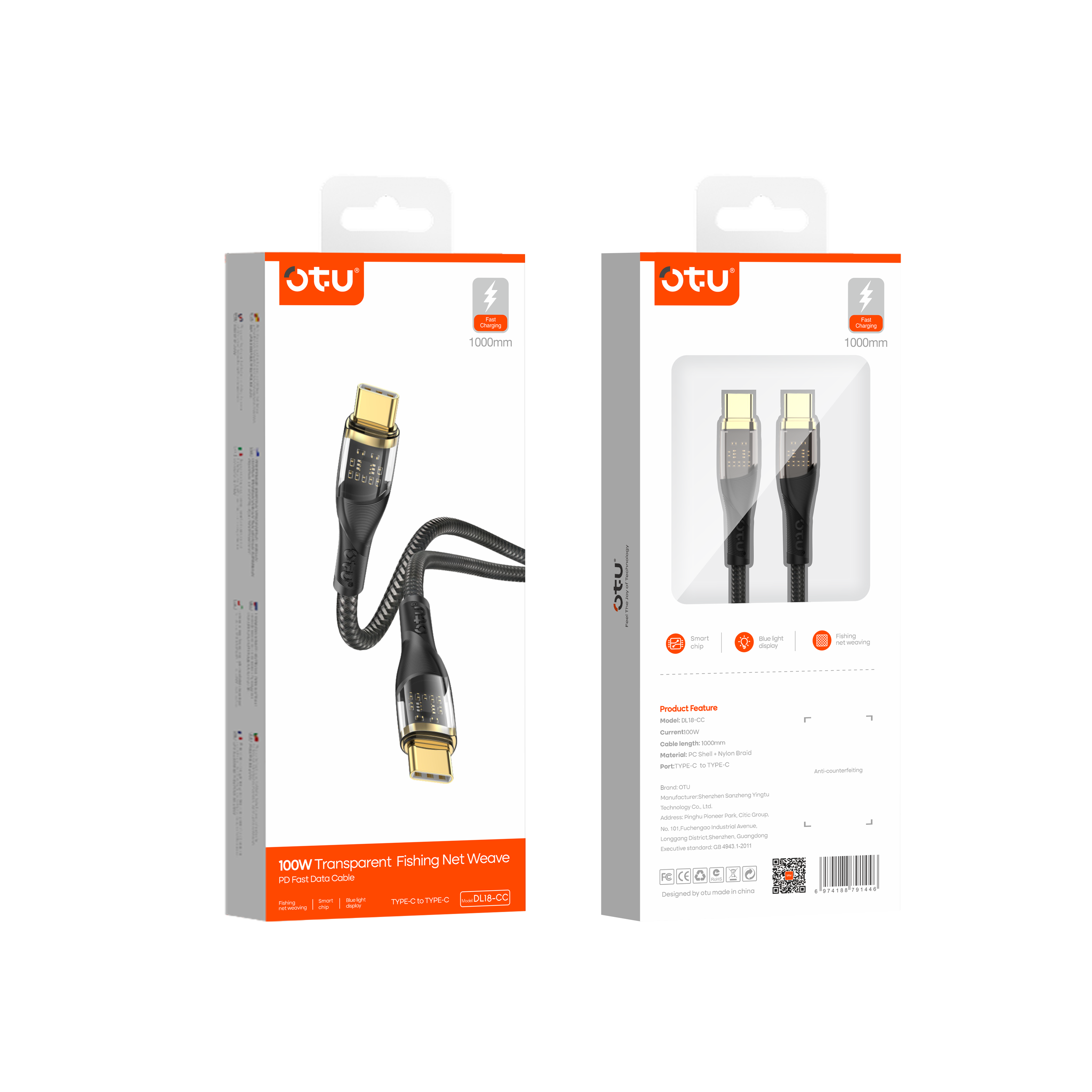 OTU DL18 CC and IC 100W Transparent Fast Charging Cable - Nylon Braided USB-C to Lightning & USB-C to USB-C Cable for High-Speed Data Transfer & Durability