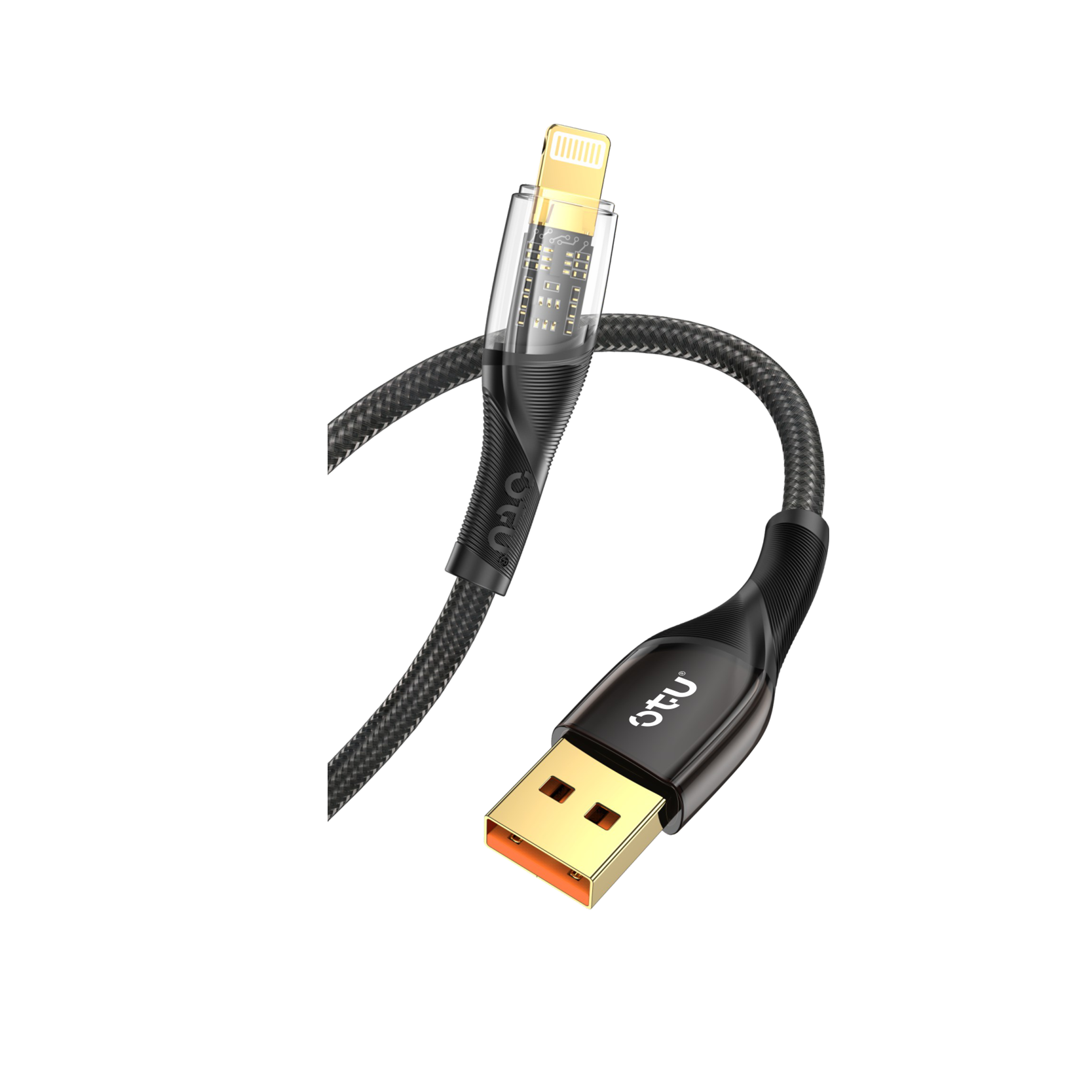 OTU DL18 3A Fast Charging Nylon Braided Cable with Smart Breathing Light - USB-C to Lightning Charger with Transparent Titanium Design