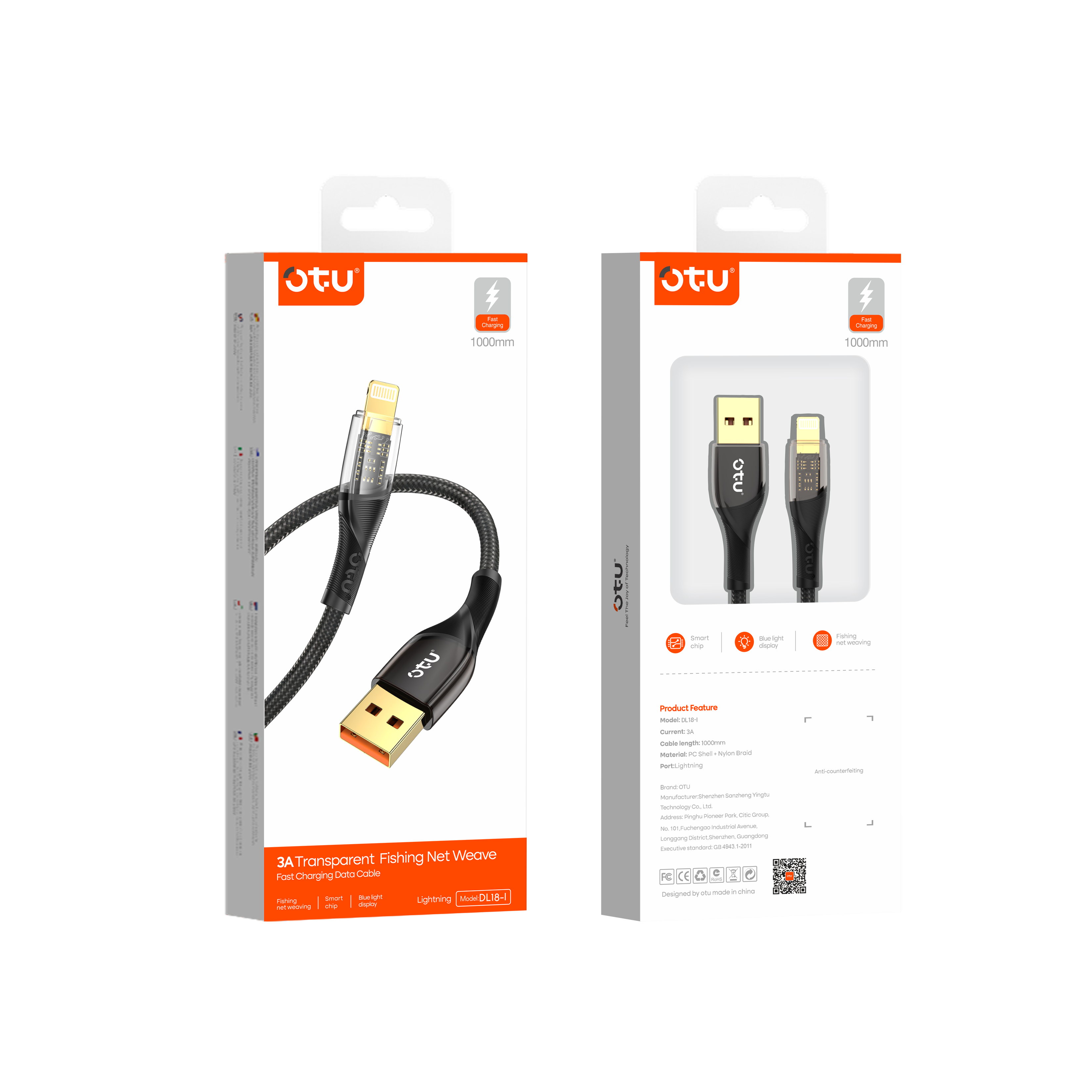 OTU DL18 3A Fast Charging Nylon Braided Cable with Smart Breathing Light - USB-C to Lightning Charger with Transparent Titanium Design