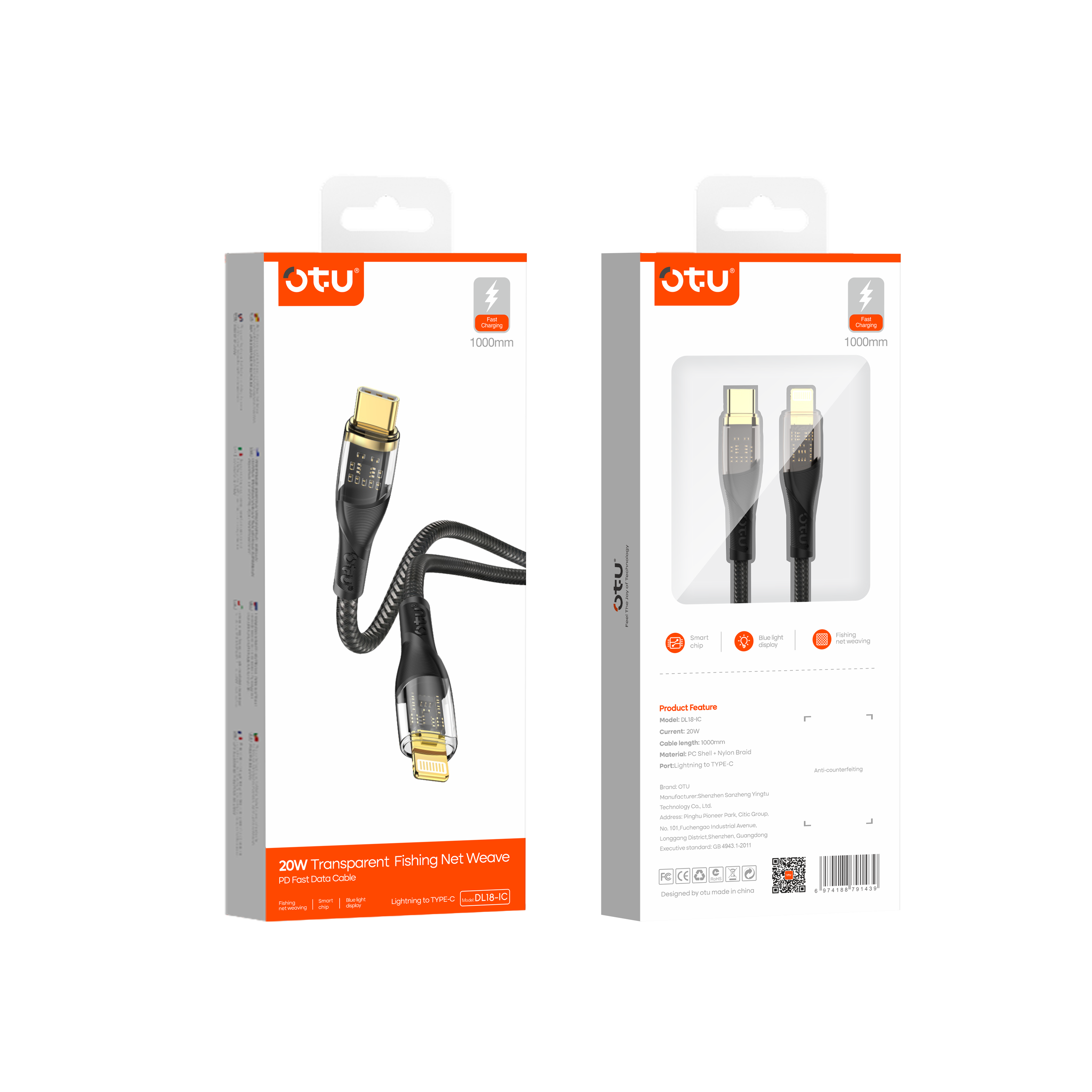 OTU DL18 CC and IC 100W Transparent Fast Charging Cable - Nylon Braided USB-C to Lightning & USB-C to USB-C Cable for High-Speed Data Transfer & Durability
