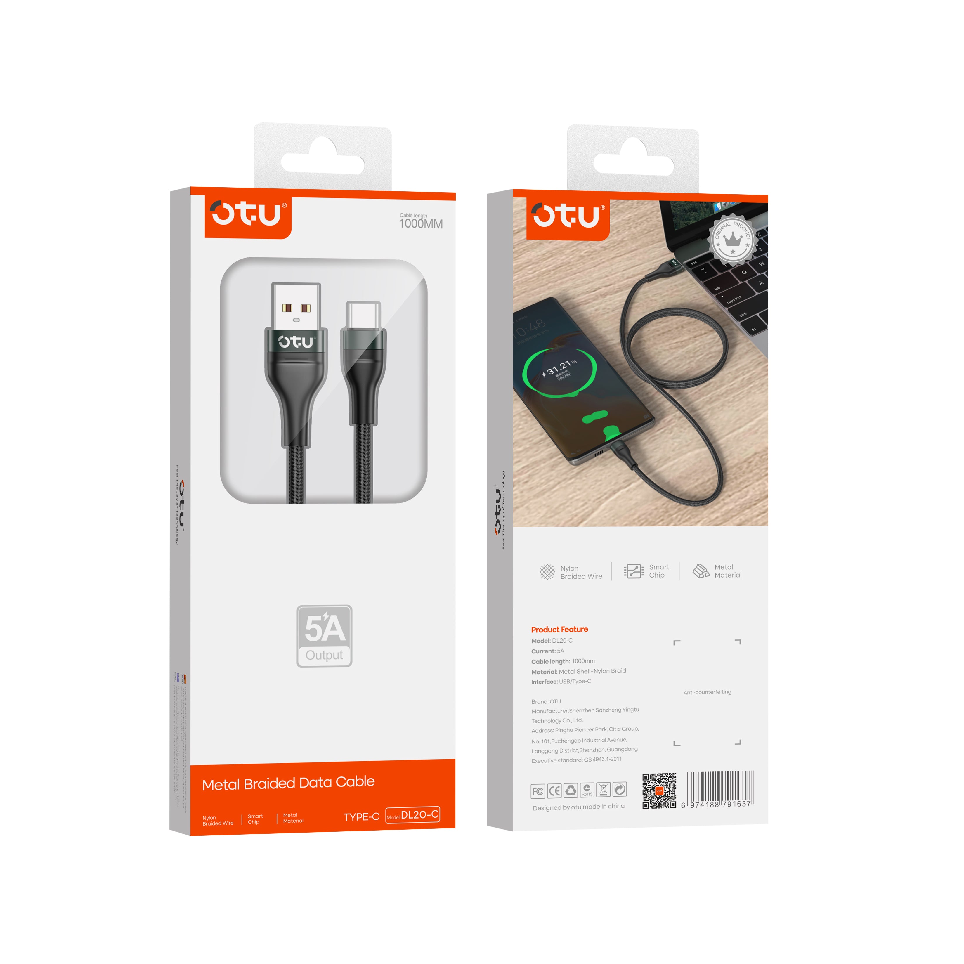 OTU DL20 5A Super Fast Charging Cable 1M  Nylon Braided USB Cable for Type-C, Lightning, Micro-USB - Data Sync & Rapid Charge