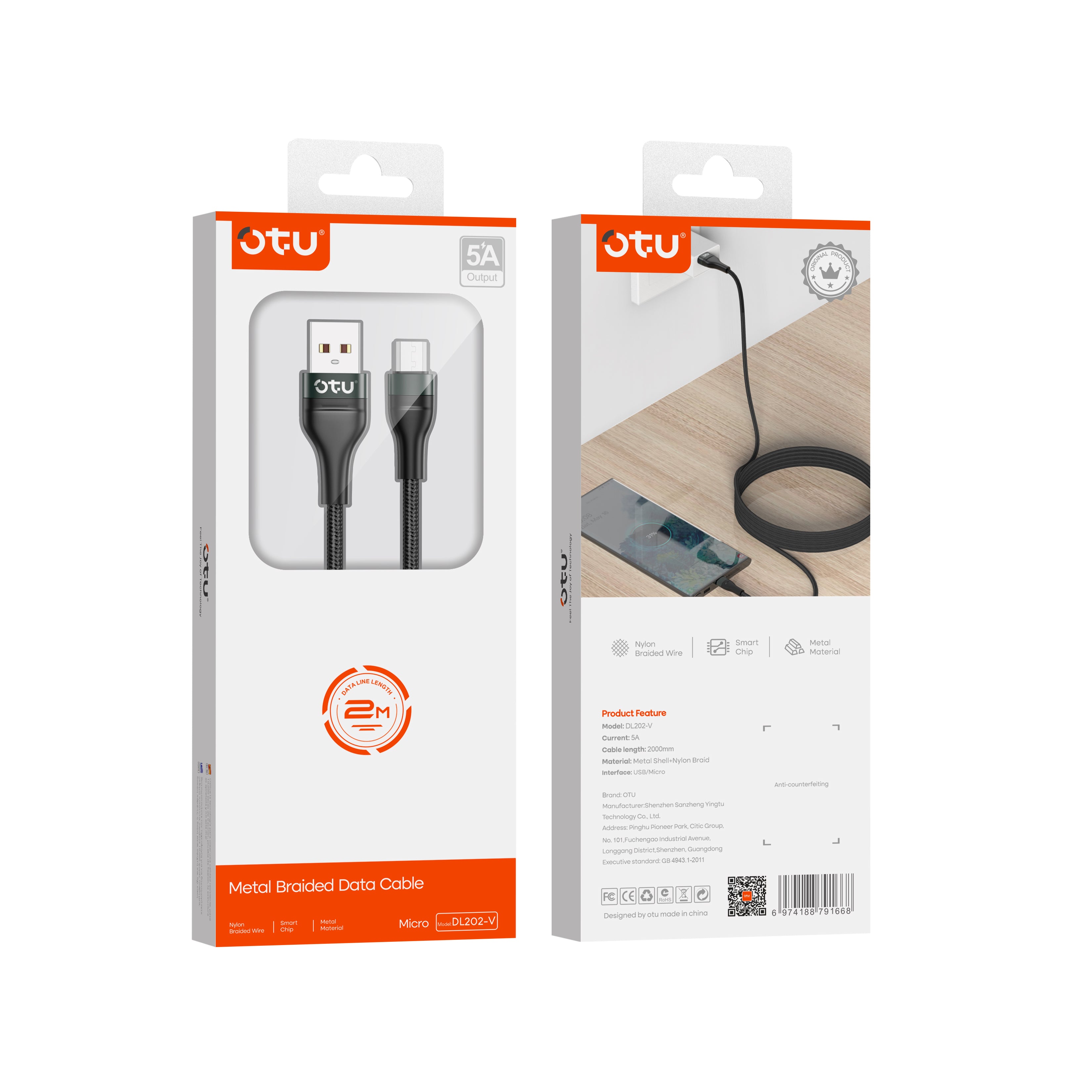 OTU DL202 5A Super Fast Charging Cable 2M Nylon Braided USB Cable for Type-C, Lightning, Micro-USB - Data Sync & Rapid Charge