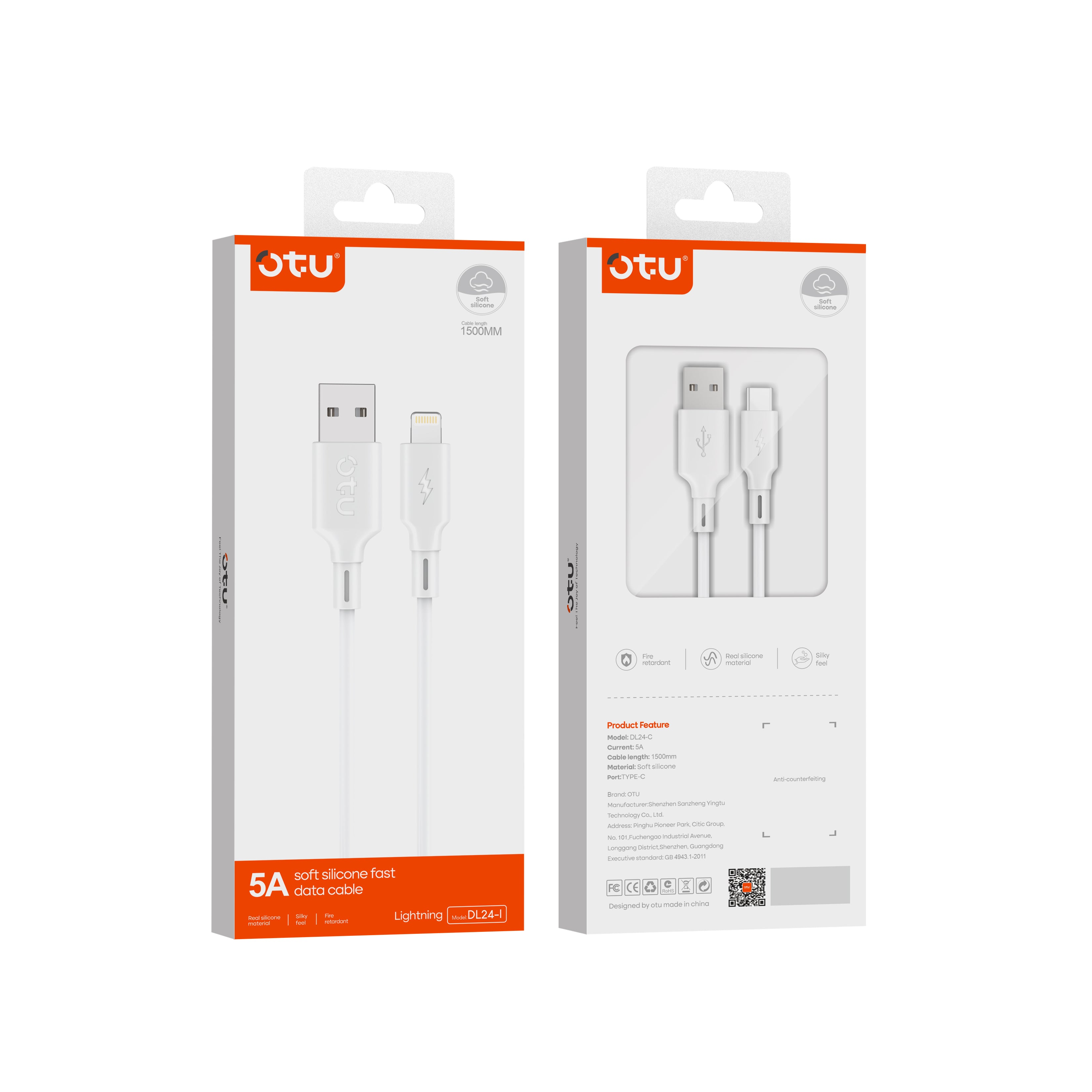 OTU DL24 5A Super Fast Charging Cable 1.5M - Ultra Soft Silicone USB Cable for Type-C & Lightning, High Speed Data Sync & Safe Charging