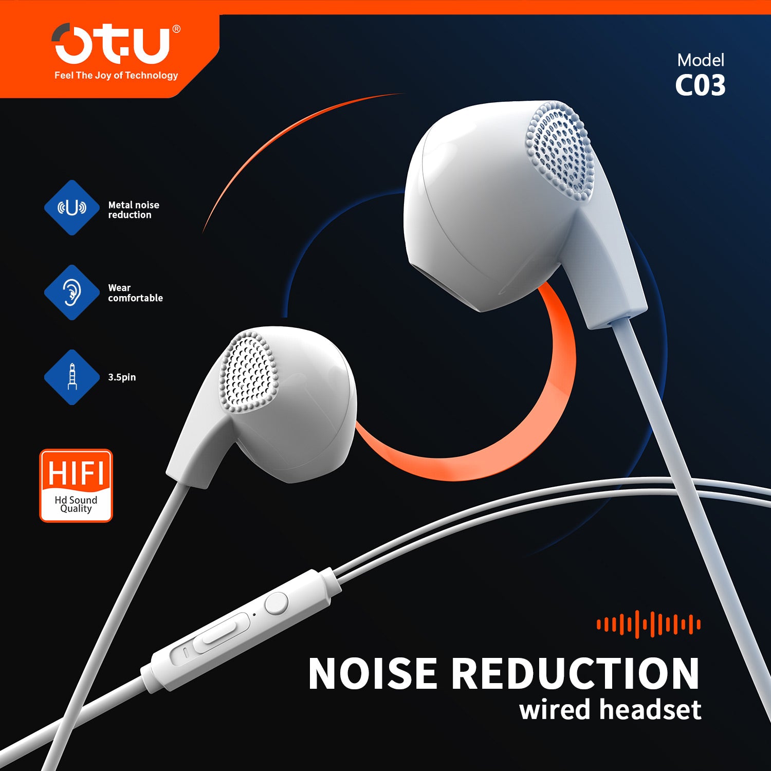 OTU HJ03 Active Noise Cancelling Wired Earphones – HiFi Sound, Comfort Fit, In-Line Mic