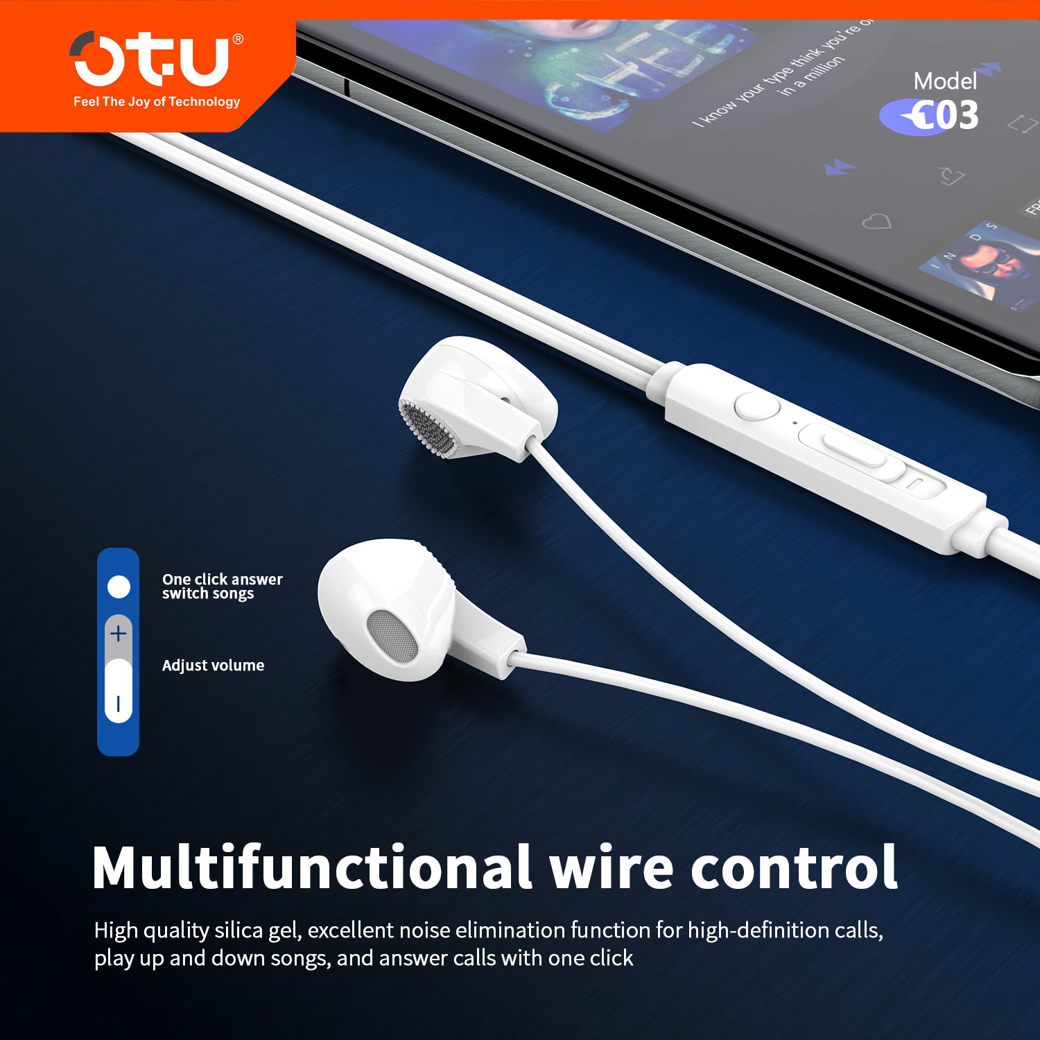 OTU HJ03 Active Noise Cancelling Wired Earphones – HiFi Sound, Comfort Fit, In-Line Mic