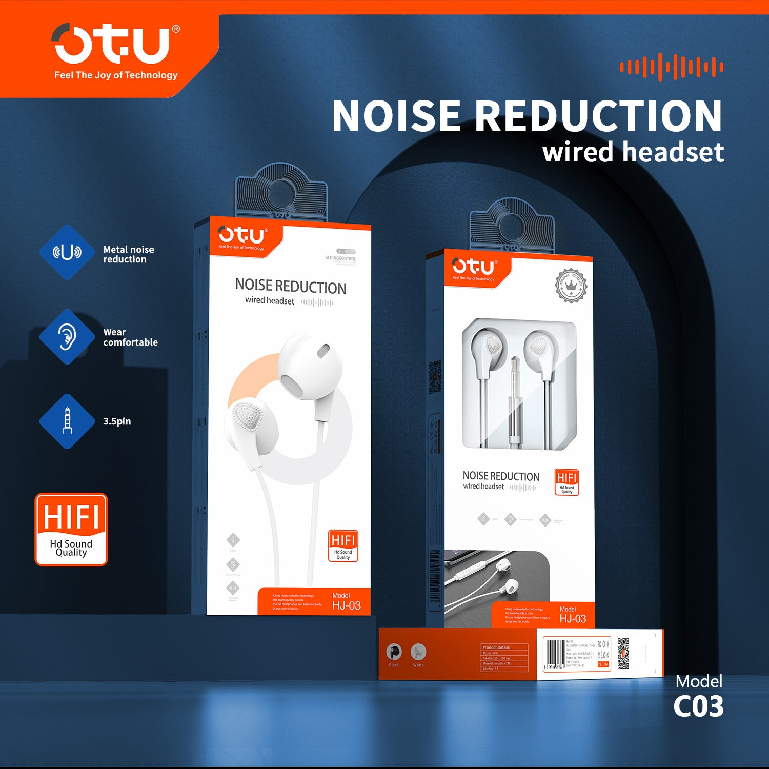 OTU HJ03 Active Noise Cancelling Wired Earphones – HiFi Sound, Comfort Fit, In-Line Mic