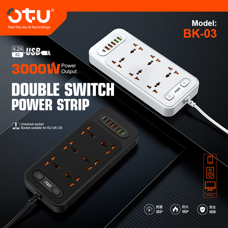 OTU BK03 3000W Power Strip with Double Safety Switch, Child-Proof Outlets, Surge & Fire Protection