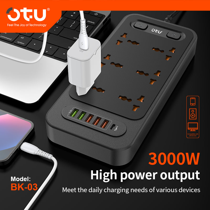 OTU BK03 3000W Power Strip with Double Safety Switch, Child-Proof Outlets, Surge & Fire Protection