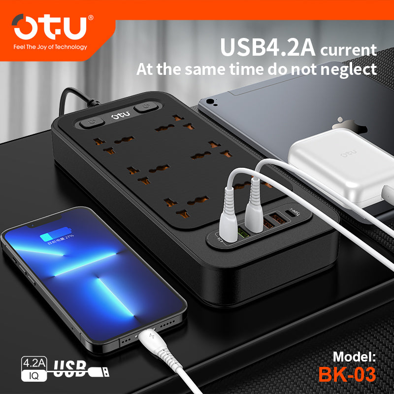 OTU BK03 3000W Power Strip with Double Safety Switch, Child-Proof Outlets, Surge & Fire Protection