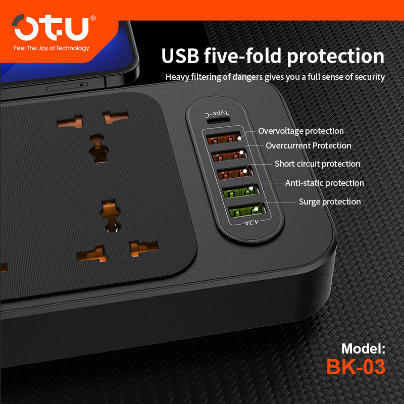 OTU BK03 3000W Power Strip with Double Safety Switch, Child-Proof Outlets, Surge & Fire Protection
