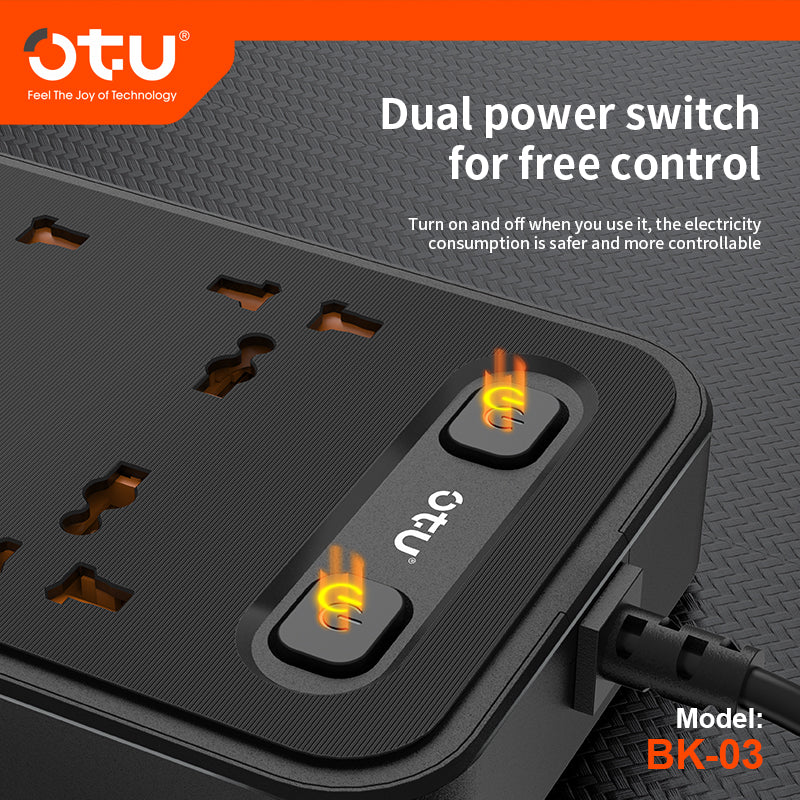 OTU BK03 3000W Power Strip with Double Safety Switch, Child-Proof Outlets, Surge & Fire Protection
