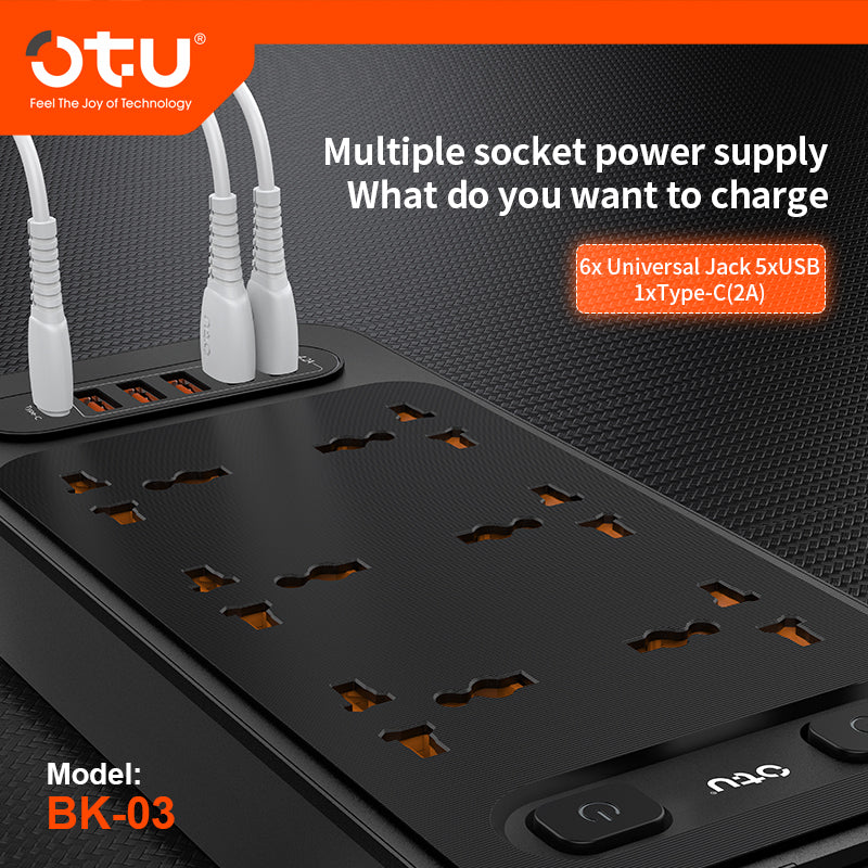 OTU BK03 3000W Power Strip with Double Safety Switch, Child-Proof Outlets, Surge & Fire Protection