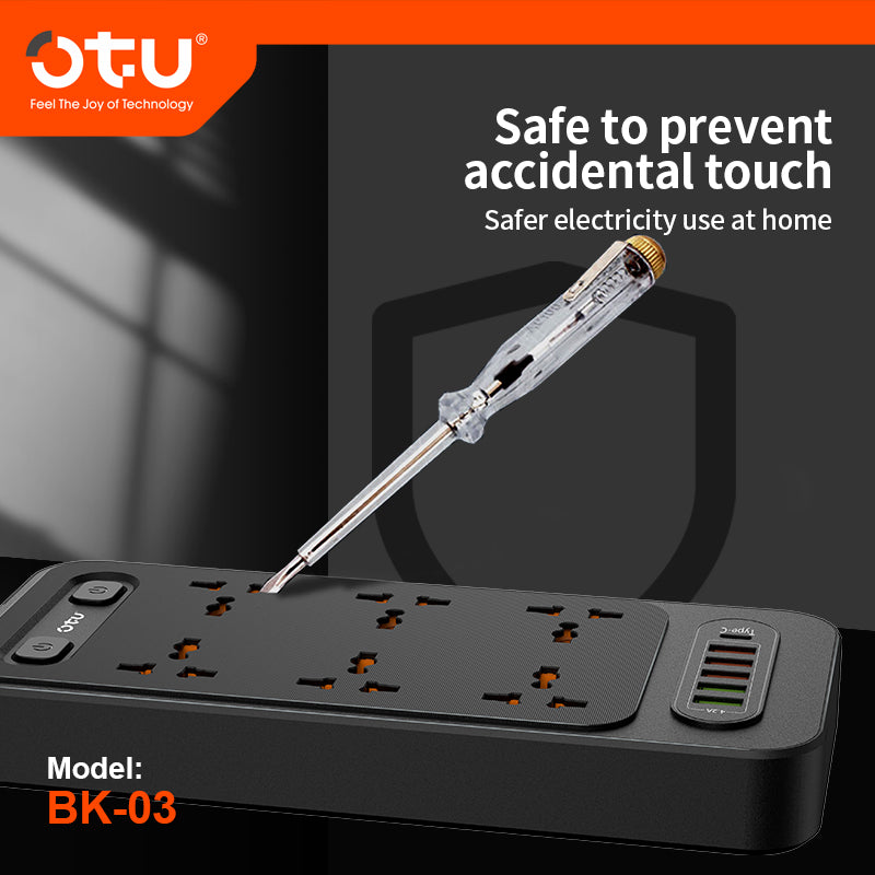 OTU BK03 3000W Power Strip with Double Safety Switch, Child-Proof Outlets, Surge & Fire Protection