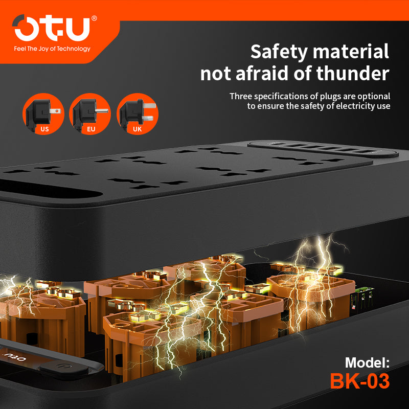 OTU BK03 3000W Power Strip with Double Safety Switch, Child-Proof Outlets, Surge & Fire Protection