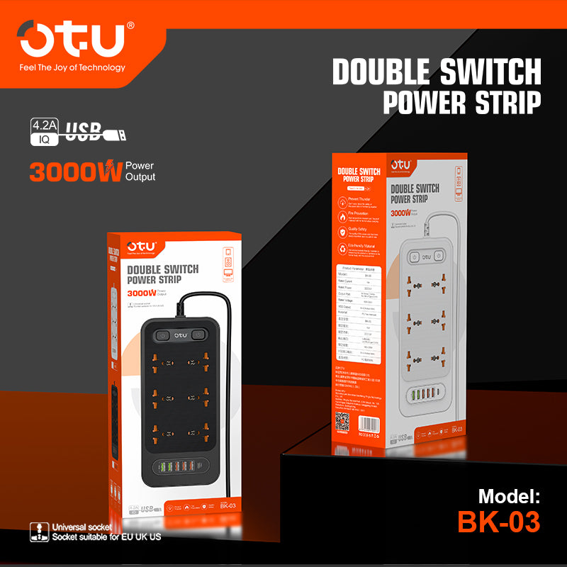 OTU BK03 3000W Power Strip with Double Safety Switch, Child-Proof Outlets, Surge & Fire Protection