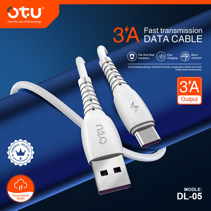 OTU DL05 3A Fast Charging Data Cable with 480Mbps High-Speed Transmission & Smart Chip - Durable White Braided Cable