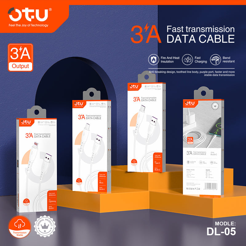 OTU DL05 3A Fast Charging Data Cable with 480Mbps High-Speed Transmission & Smart Chip - Durable White Braided Cable