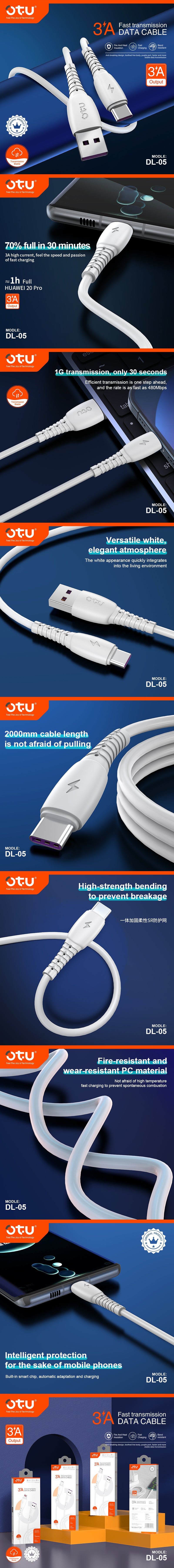 OTU DL05 3A Fast Charging Data Cable with 480Mbps High-Speed Transmission & Smart Chip - Durable White Braided Cable