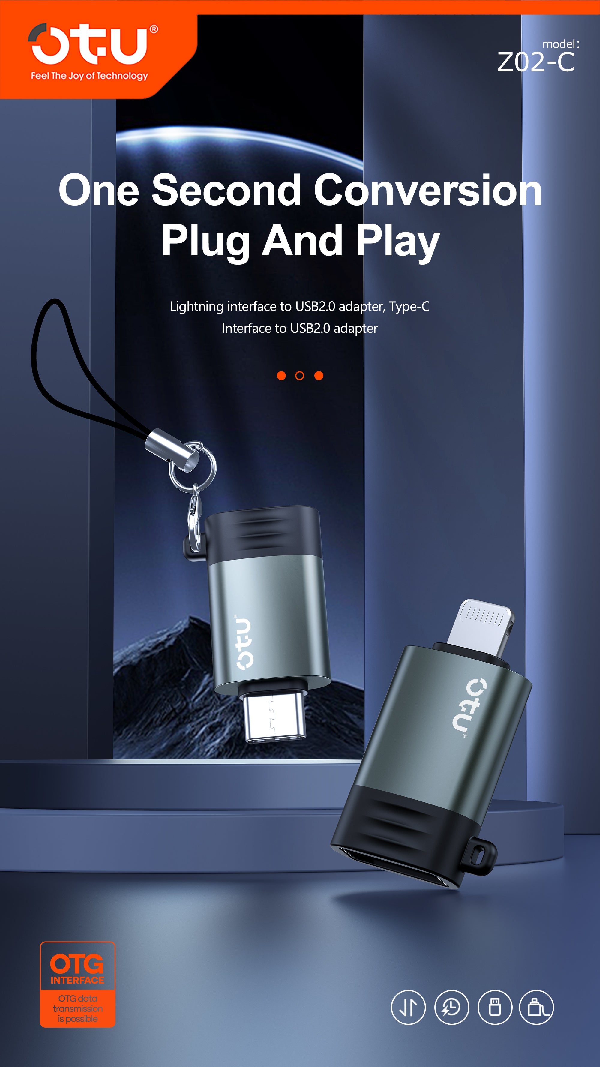 OTU Z02 Dual-Port OTG Adapter: Lightning/USB-C to USB 2.0 Converter | 200MB/s Transfer Speed, Aluminum Alloy Build, Plug & Play for Phones