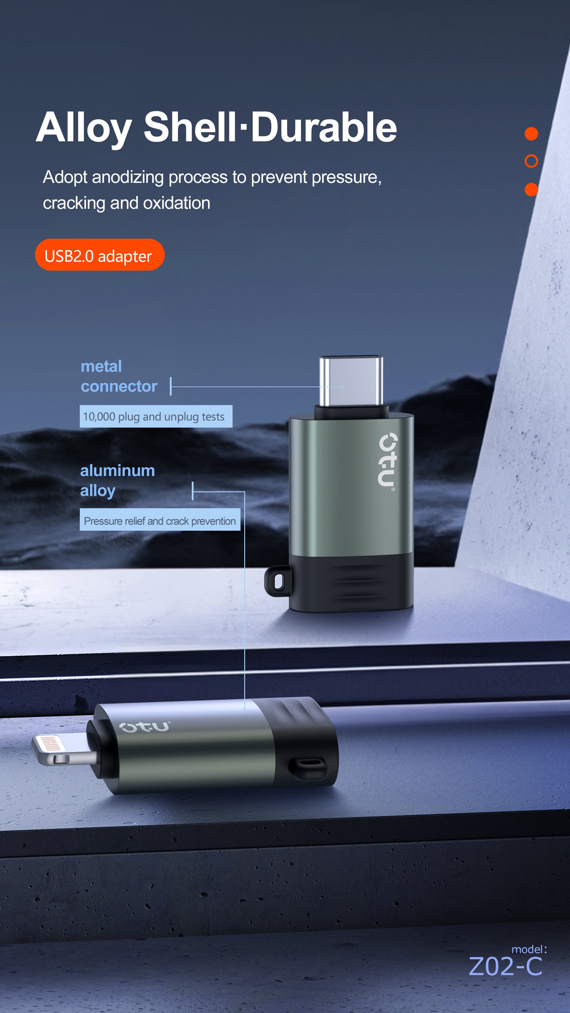 OTU Z02 Dual-Port OTG Adapter: Lightning/USB-C to USB 2.0 Converter | 200MB/s Transfer Speed, Aluminum Alloy Build, Plug & Play for Phones