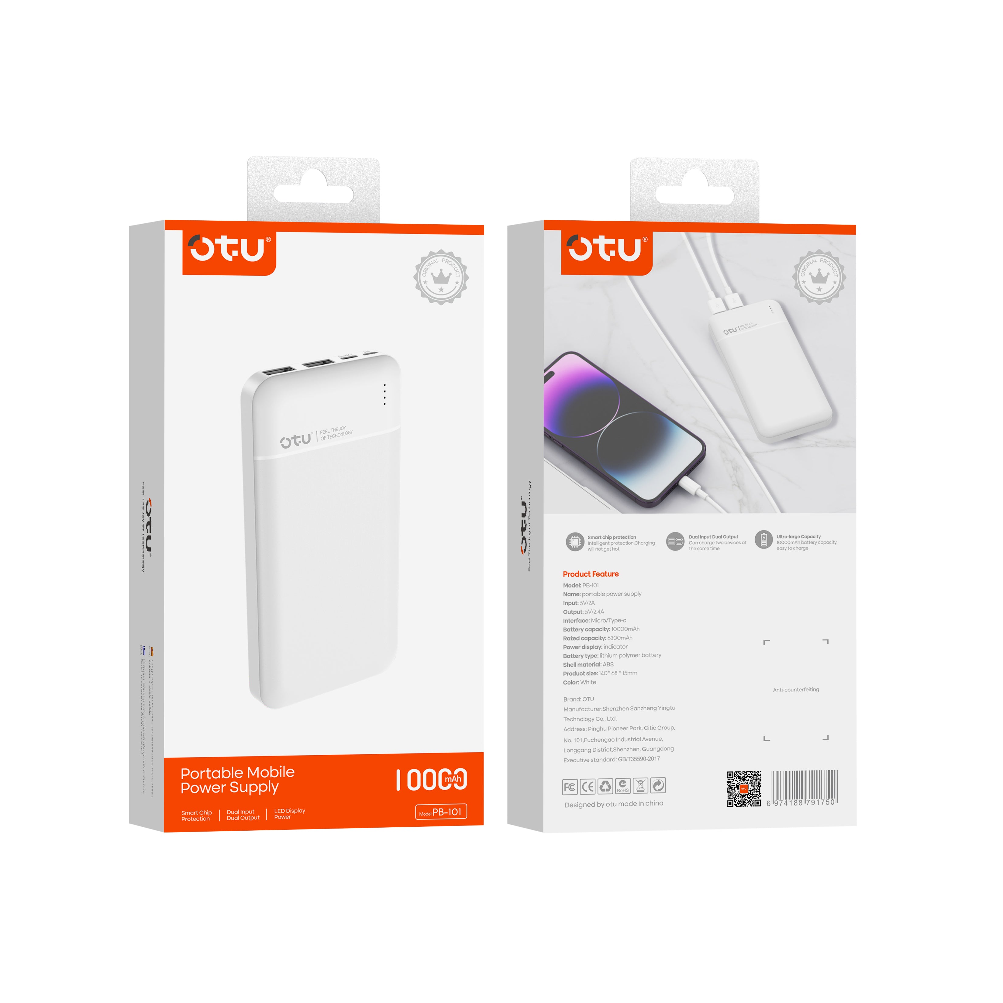OTU PB101 10000mAh Ultra-Compact Portable Charger – Dual USB Output, High-Speed Power Bank for Phones & Devices