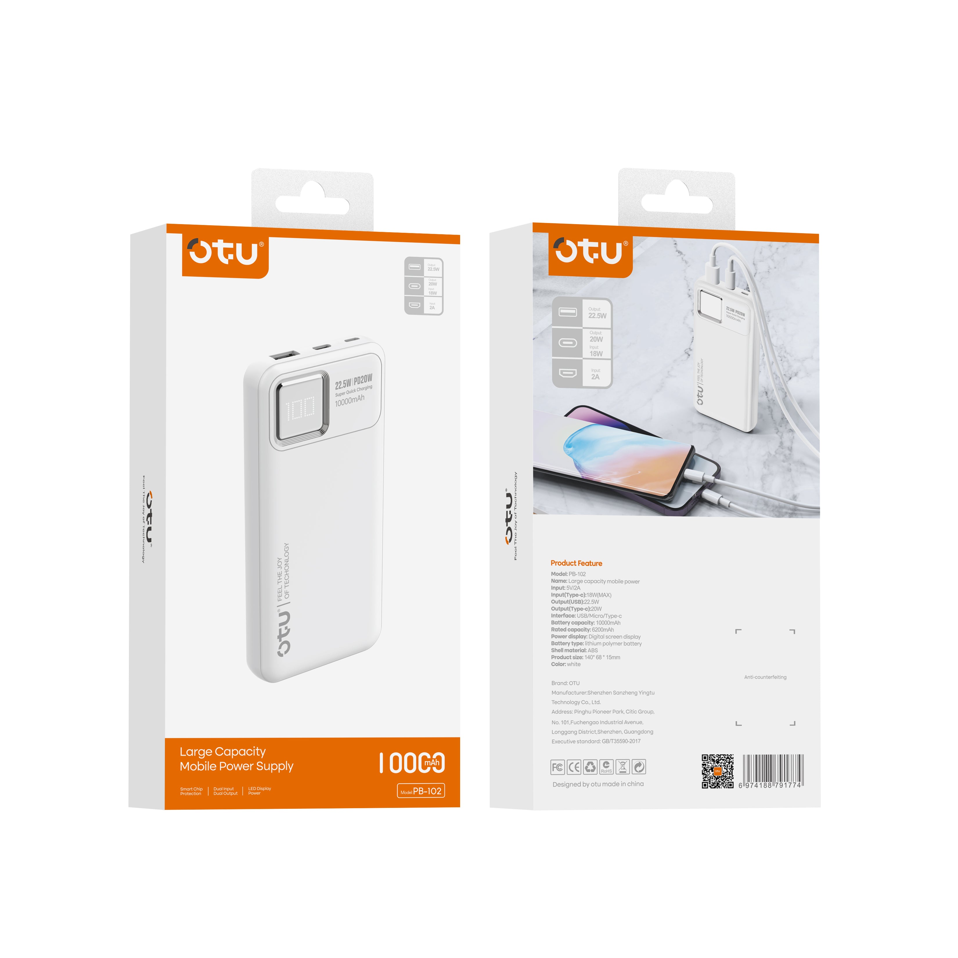 OTU PB102 10000mAh Power Bank with Digital Display – 22.5W High-Speed Portable Charger, Ultra-Safe Polymer Battery