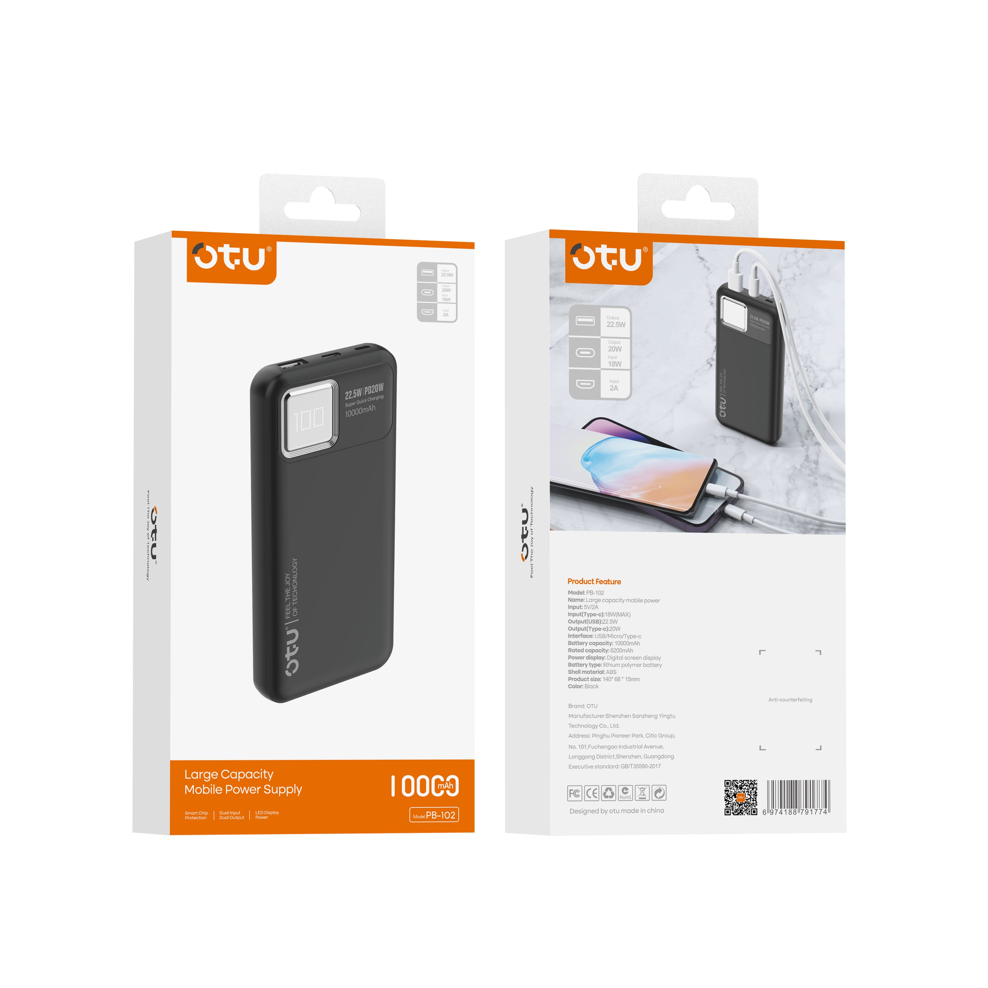 OTU PB102 10000mAh Power Bank with Digital Display – 22.5W High-Speed Portable Charger, Ultra-Safe Polymer Battery
