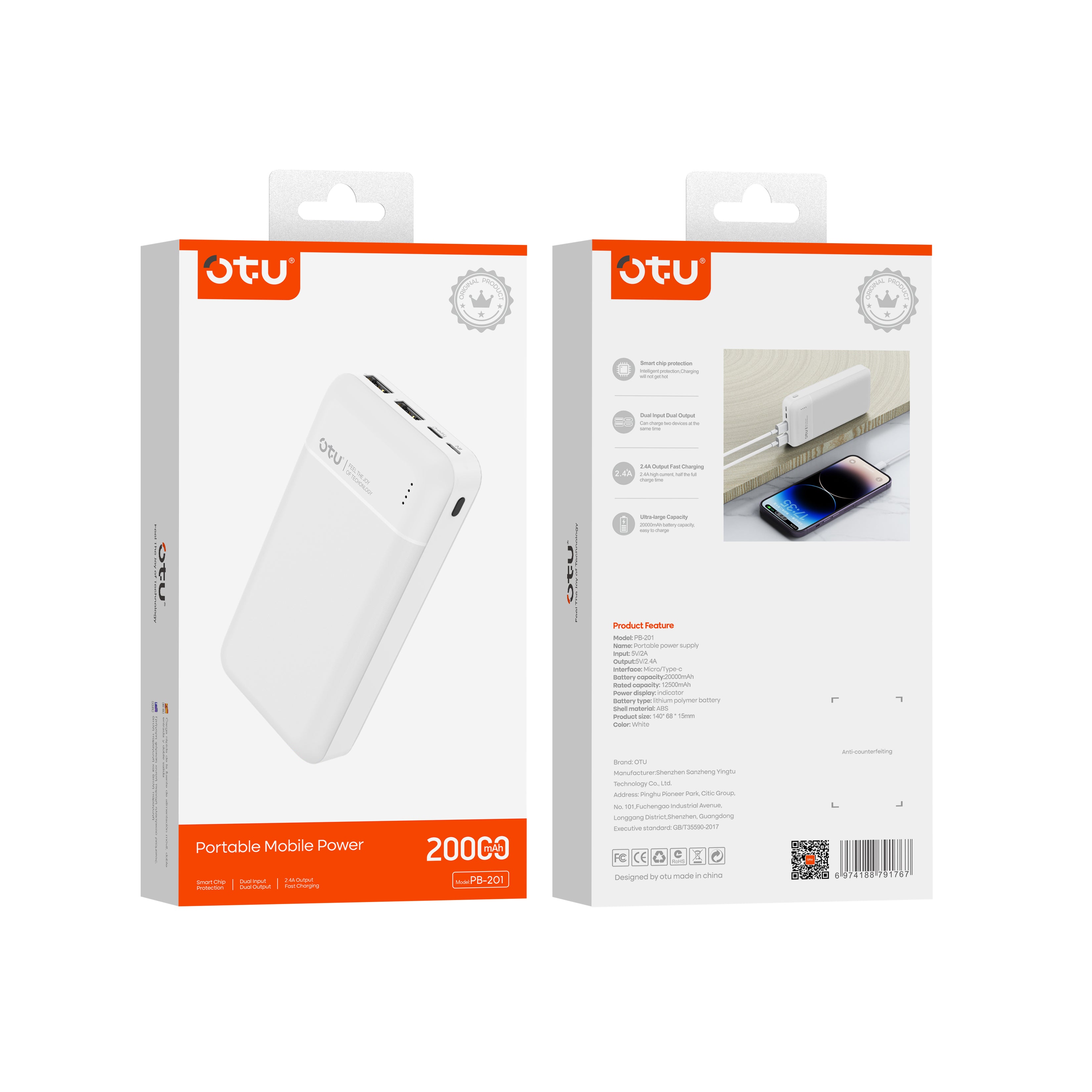 OTU PB201 20000mAh Ultra-Compact Portable Charger – Dual USB Output, High-Speed Power Bank for Phones & Devices