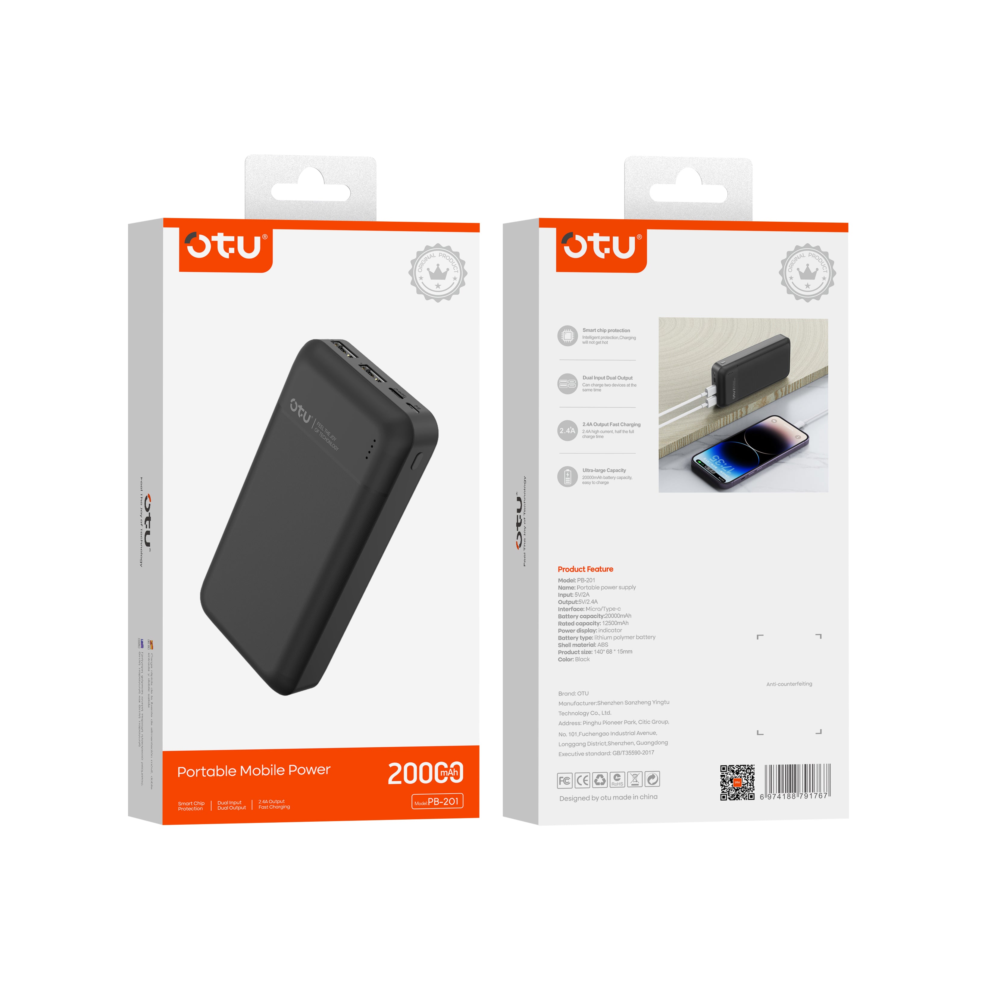 OTU PB201 20000mAh Ultra-Compact Portable Charger – Dual USB Output, High-Speed Power Bank for Phones & Devices