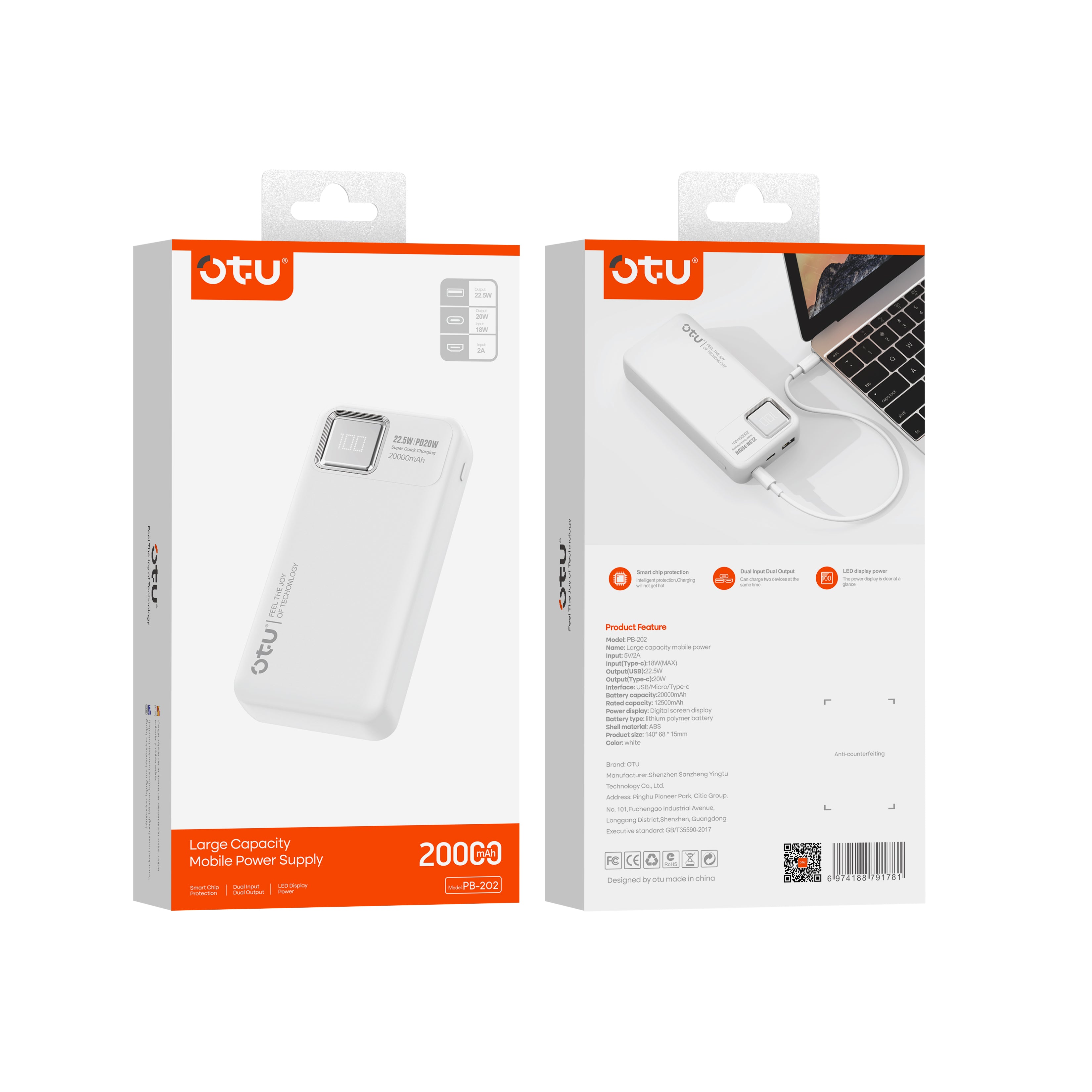 OTU PB202 20000mAh Power Bank with Digital Display – 22.5W High-Speed Portable Charger, Ultra-Safe Polymer Battery
