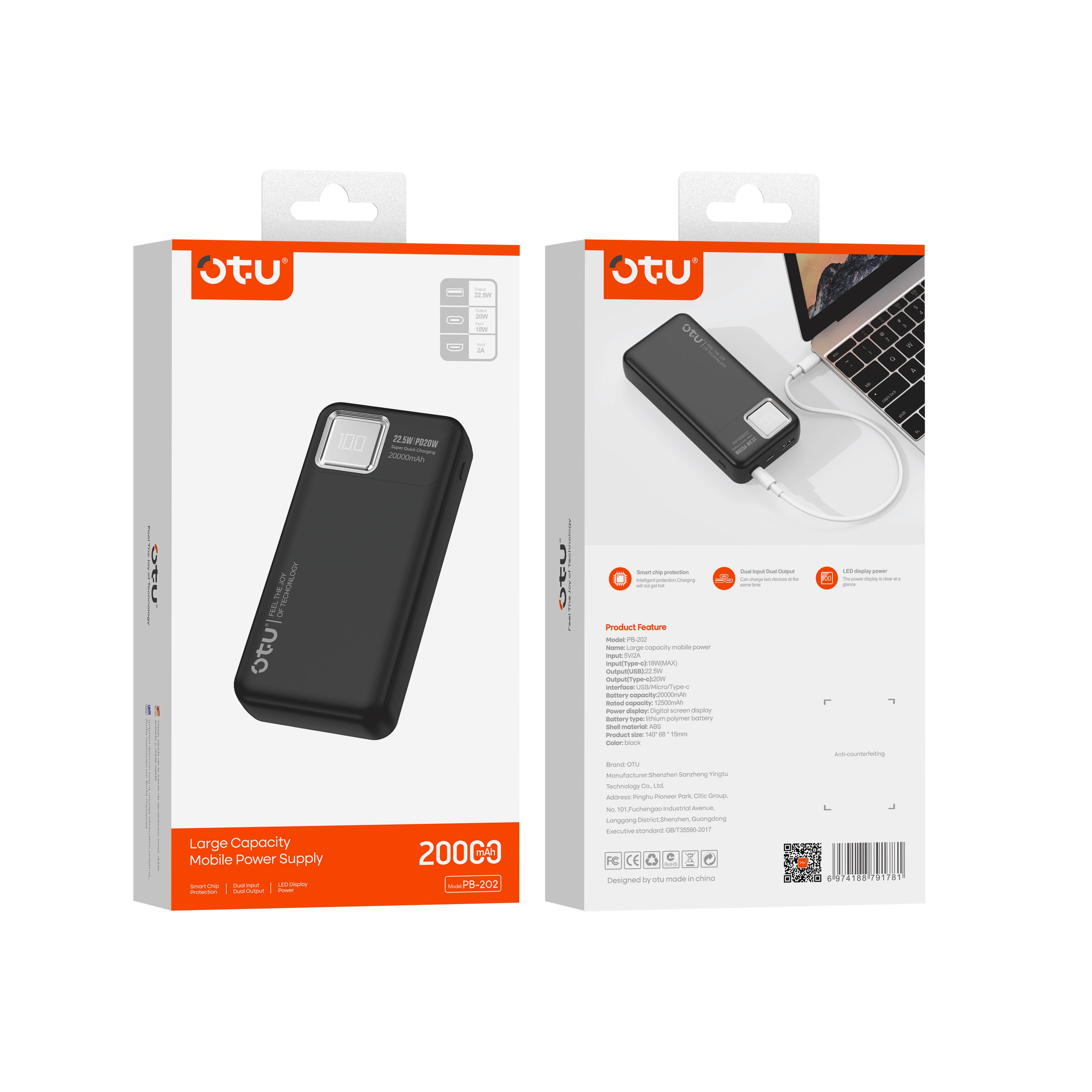 OTU PB202 20000mAh Power Bank with Digital Display – 22.5W High-Speed Portable Charger, Ultra-Safe Polymer Battery
