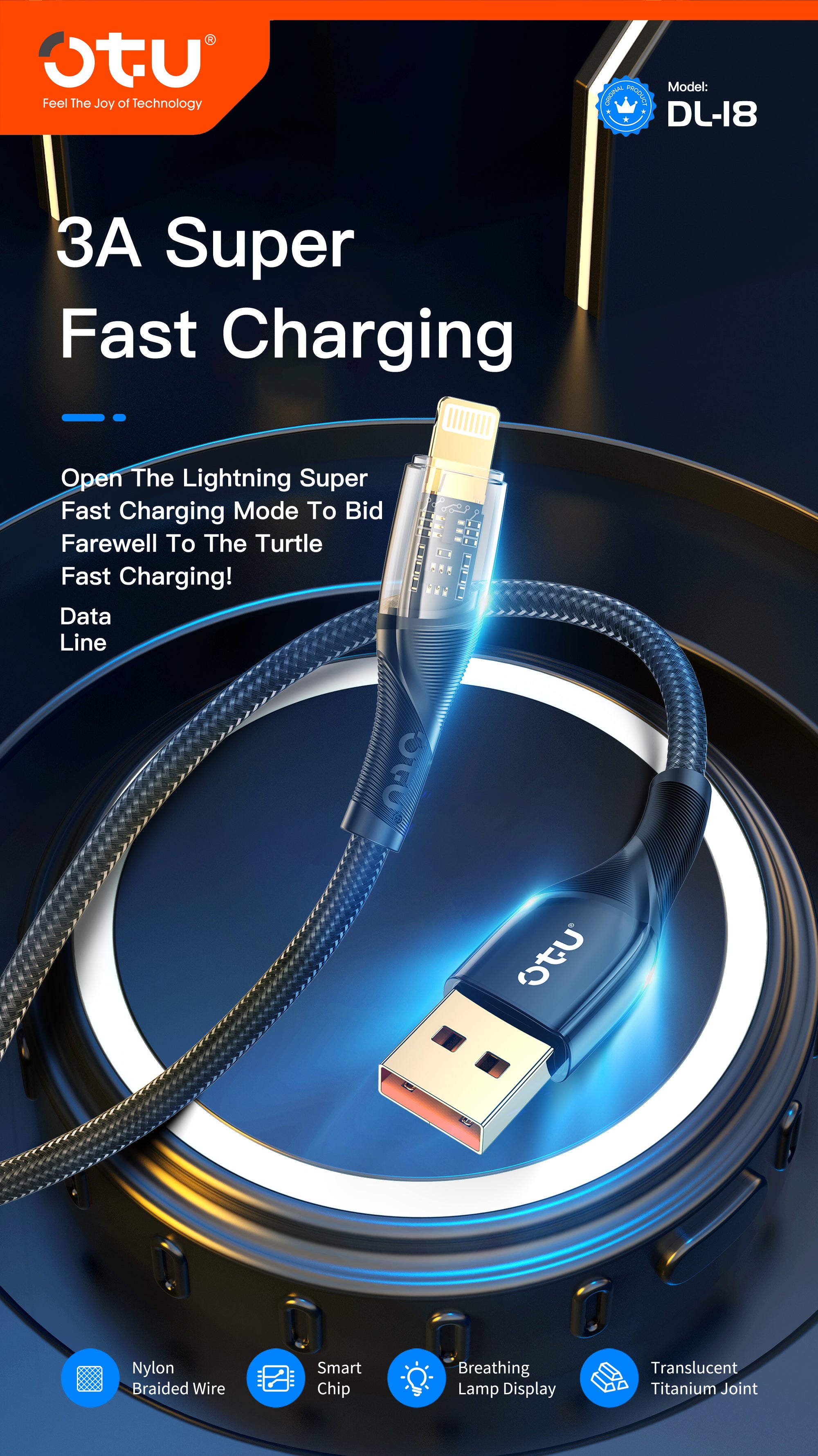 OTU DL18 3A Fast Charging Nylon Braided Cable with Smart Breathing Light - USB-C to Lightning Charger with Transparent Titanium Design