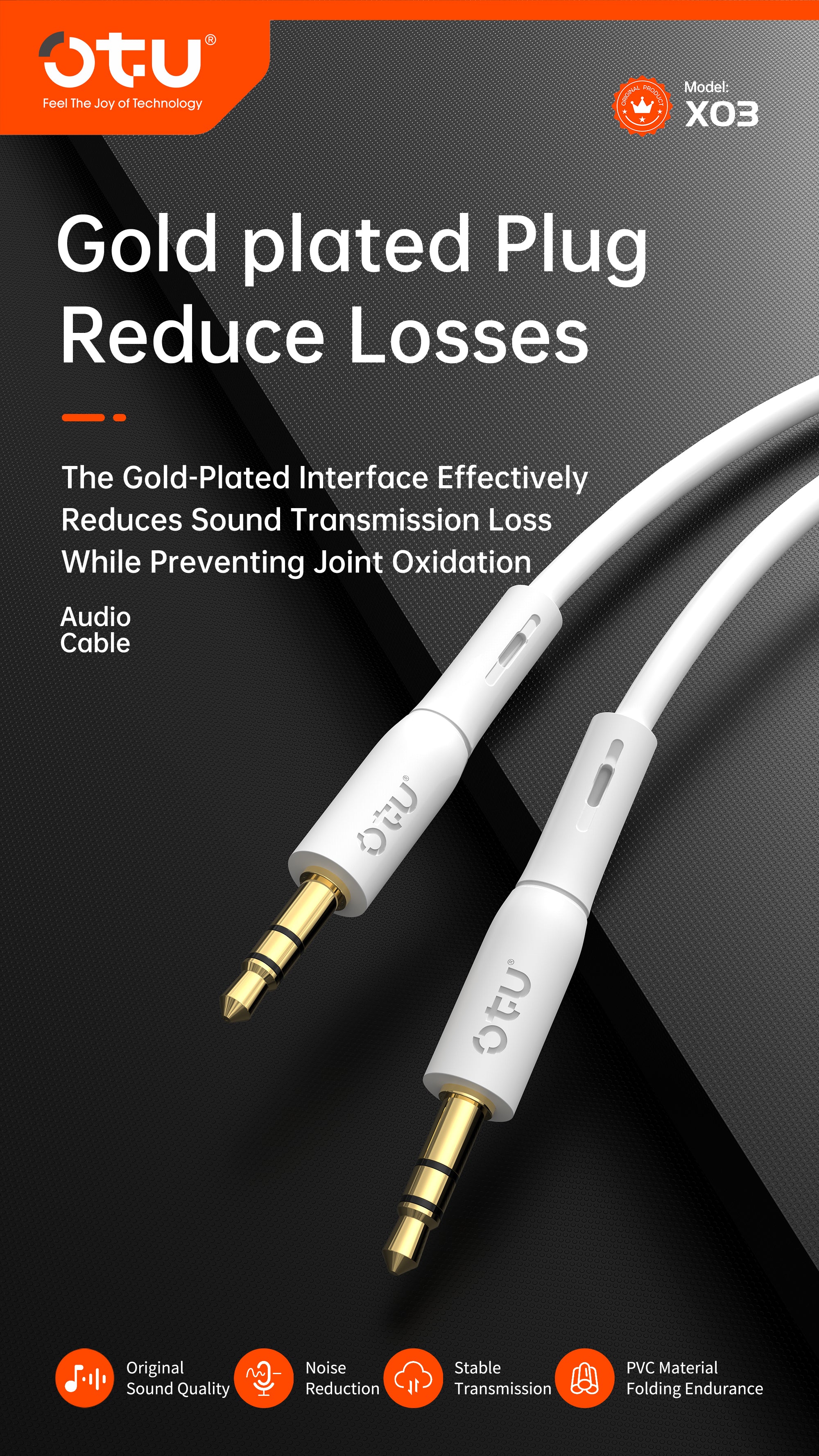 OTU X03 Premium 3.5mm AUX Cable Gold Plated – Noise Cancelling Audio Auxiliary Cord for Car, Home Stereo, Phone, Tablet & More